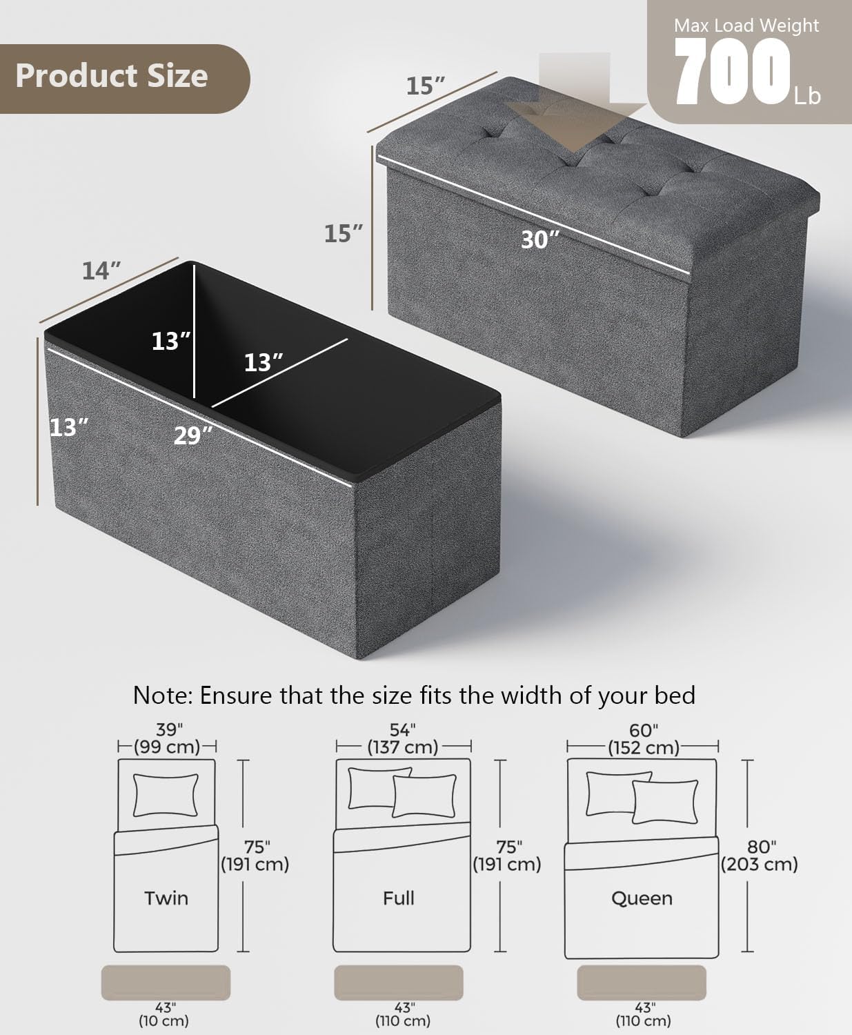 Storage Ottoman Bench, Folding Ottoman Foot Rest, 15 x 30 x 15 Inches, End of Bed Bench,Storage Chest, for Living Room, Bedroom, Hallway, Entryway, Dark Gray