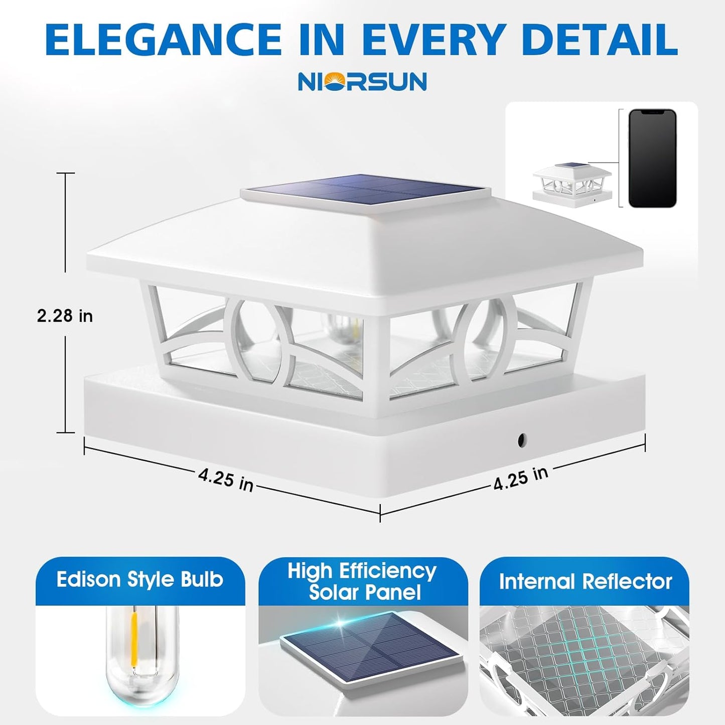NIORSUN Solar Post Lights Outdoor, Fence Post Solar Lights Warm White Outdoor Waterproof Edison LED Bulbs Garden Patio Fence Deck Decor, Post Cap Lights 4x4 5x5 Wood Vinyl, White 12 Pack