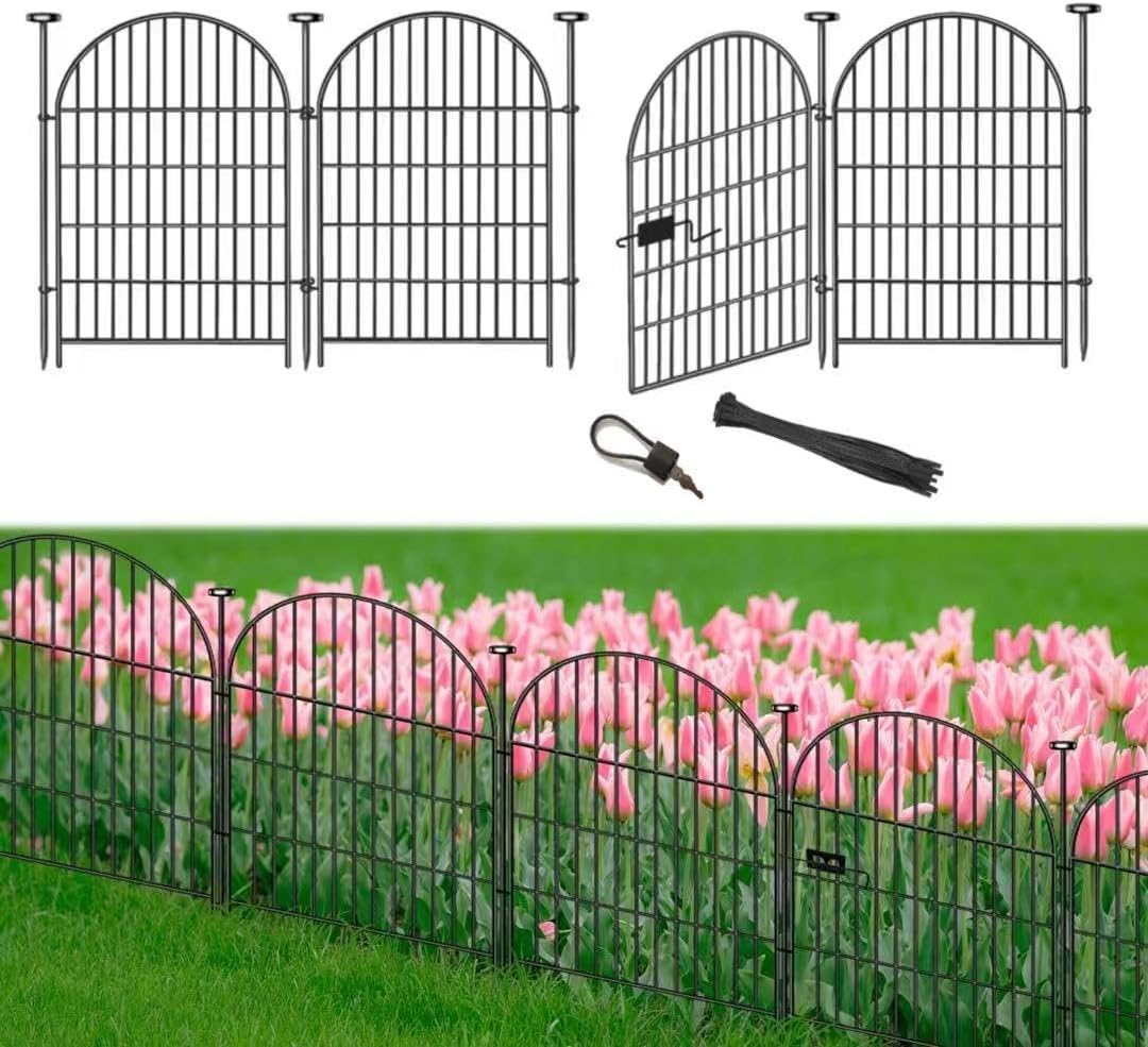 Tall Garden Fence Animal Barrier, 32 in(H) x8.8 Ft(L) 4 Panels Garden Fence with Gate, Dog Fence Outdoor for Yard, Arched Rustproof Metal No Dig Fences for Dogs, Flower Bed Fencing