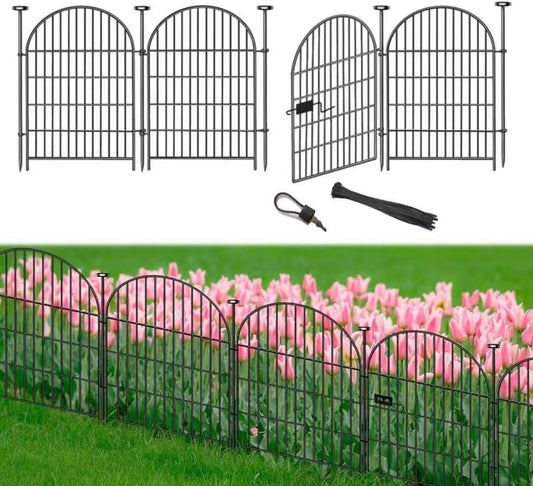 Tall Garden Fence Animal Barrier, 32 in(H) x8.8 Ft(L) 4 Panels Garden Fence with Gate, Dog Fence Outdoor for Yard, Arched Rustproof Metal No Dig Fences for Dogs, Flower Bed Fencing