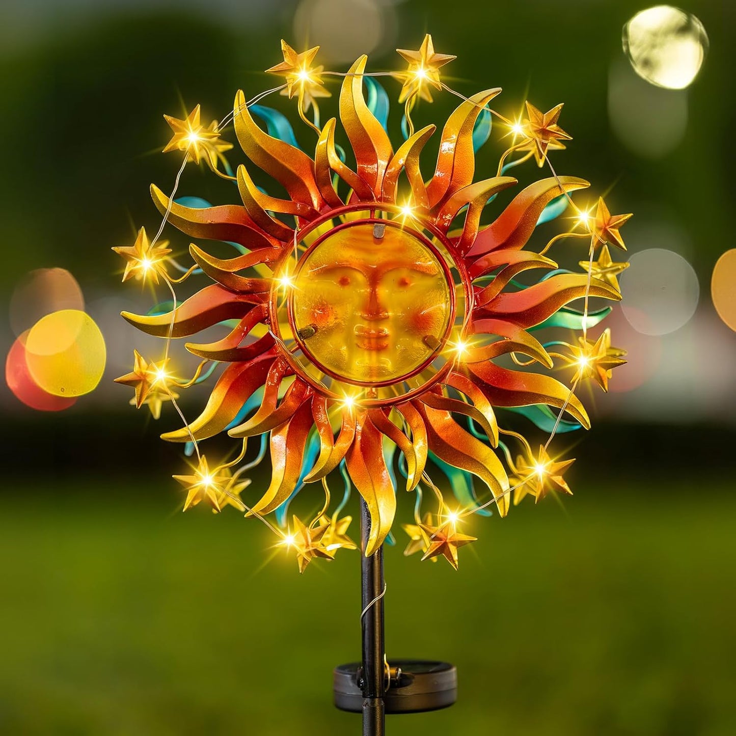 Solar Wind Spinner Metal Sun Decor, Wind Sculptures & Spinners 60.3 in Garden Kinetic Art with Solar Powered Vine String Shining LED Lights for Outdoor Garden Lawn Yard