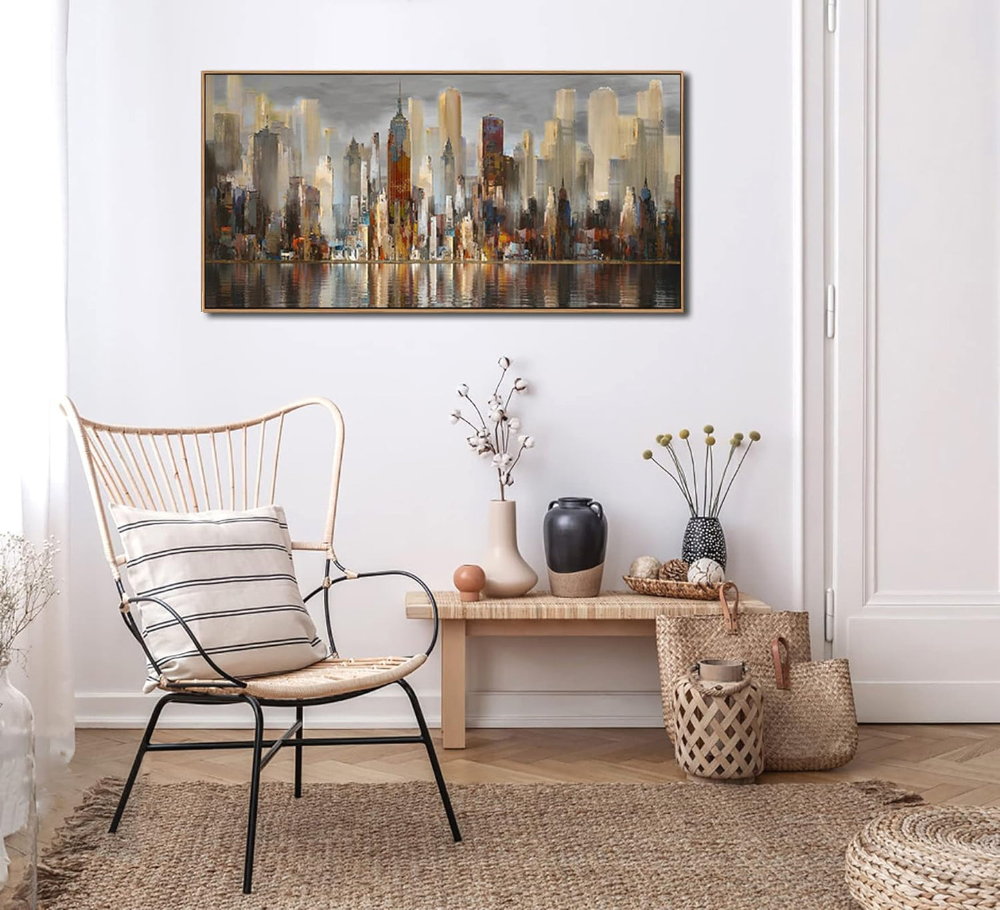 Mofutinpo Abstract Modern Canvas Wall Art for Living Room Cityscape New York Wall Decor City Theme Paintings Brown Framed Pictures Office Artwork Wall Decor Bedroom Above Bed