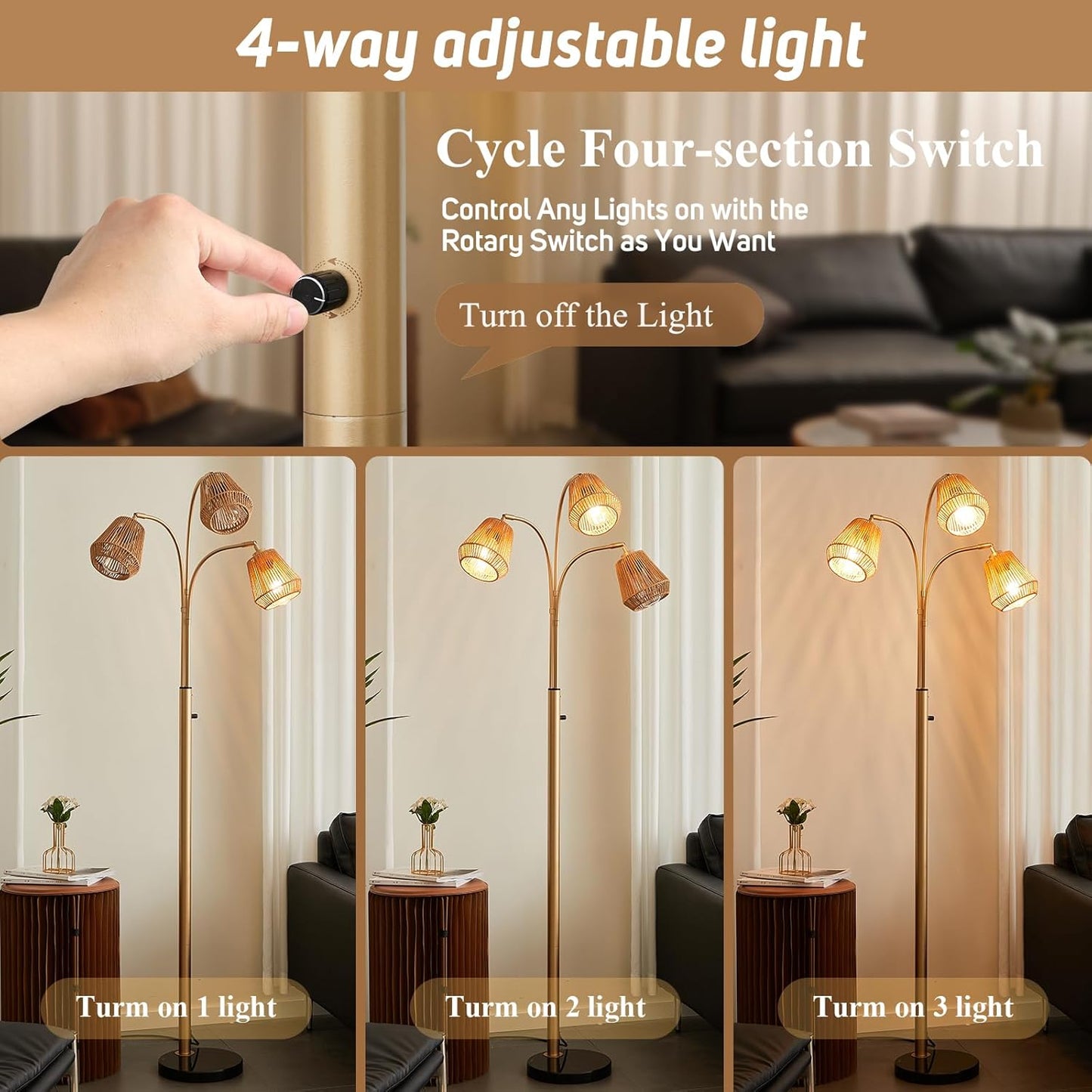 Gold Rattan Floor Lamp for Living Room, 72 Inch Tall Boho Floor Lamp with Rotary Switch, 3 Lights Arc Lamp with Wicker Shade for Coastal,Bohemian,Modern,Tree Farmhouse Standing Lamp