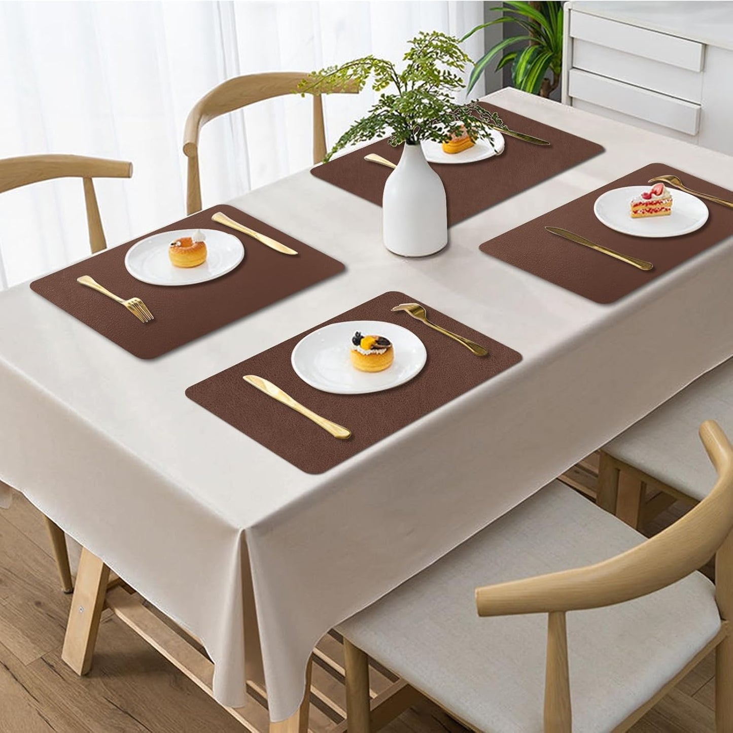 BLESWIN Faux Leather Placemats, Set of 6, 12×17 Inch -Double Side Texture Color Table Mats, Heat-Resistant, Waterproof and Oil-Resistant, Suitable for Dining Room, Kitchen, Party, Outdoor - Brown