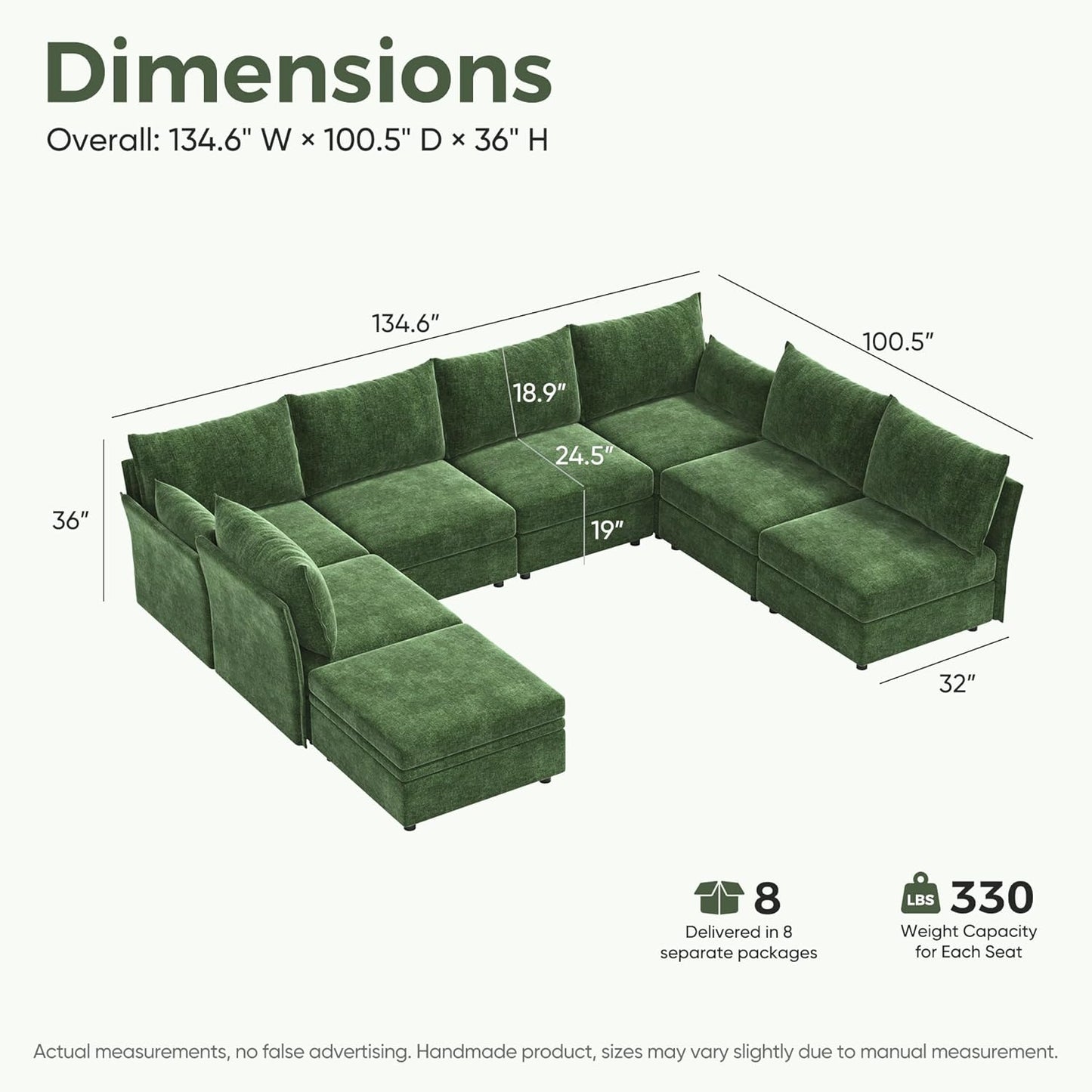 134.6" Modular Sectional Sofa, U Shaped Couch Set for Living Room, Large 8-Seater Comfy Cloud Couches with Movable Storage Ottoman,DIY Combination - Chenille Green
