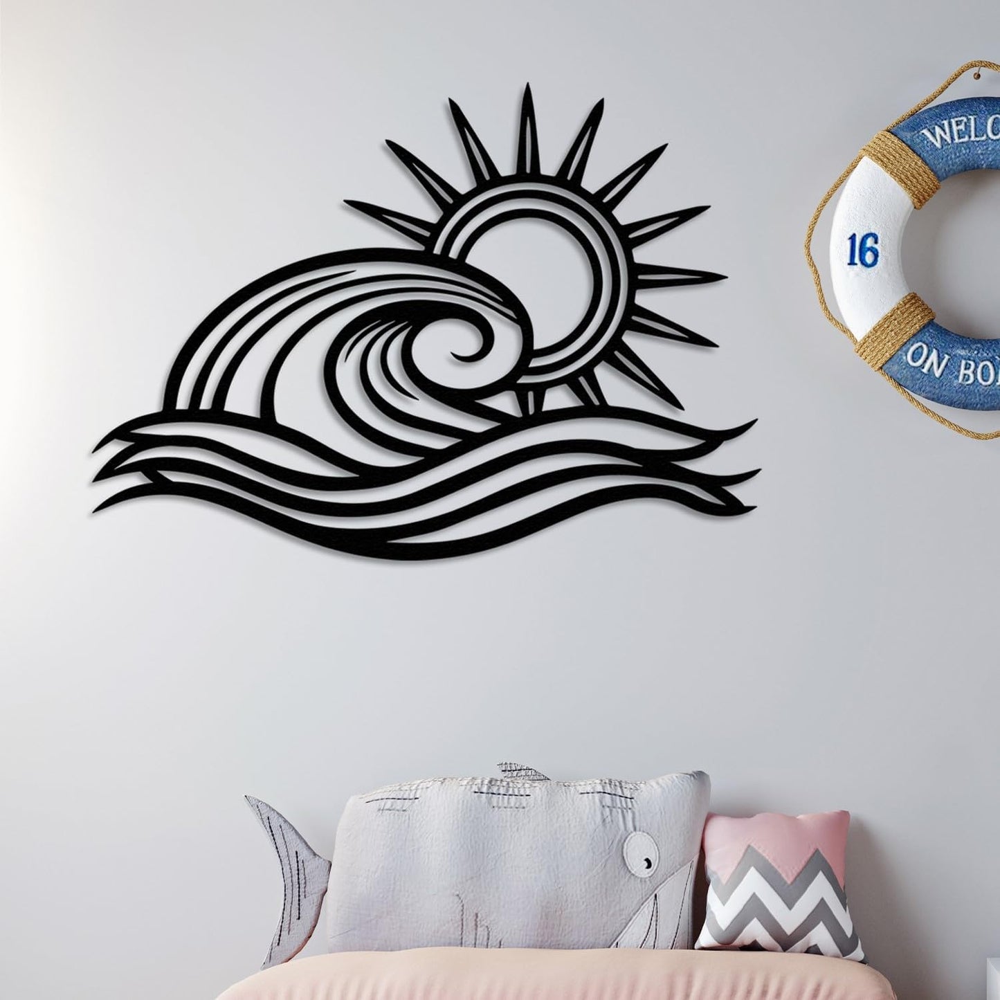 Wita Home Ocean Wave Metal Wall Art, Sun Beach Decor, Coastal Large Wall Sculpture for Home, Indoor/Outdoor Use, Nautical Wall Hanging, Eye-Catching Addition to Living Room (White, 18 x 11 inches)