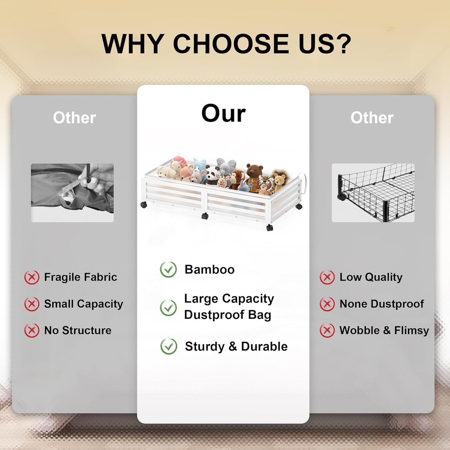 Under Bed Storage Containers With Wheels - 2 Pcs Large Bamboo Wood Rolling Underbed Shoe Storage Bins With Dust Bags for Clothes Blankets, Duvet Covers Snacks Toys (White)