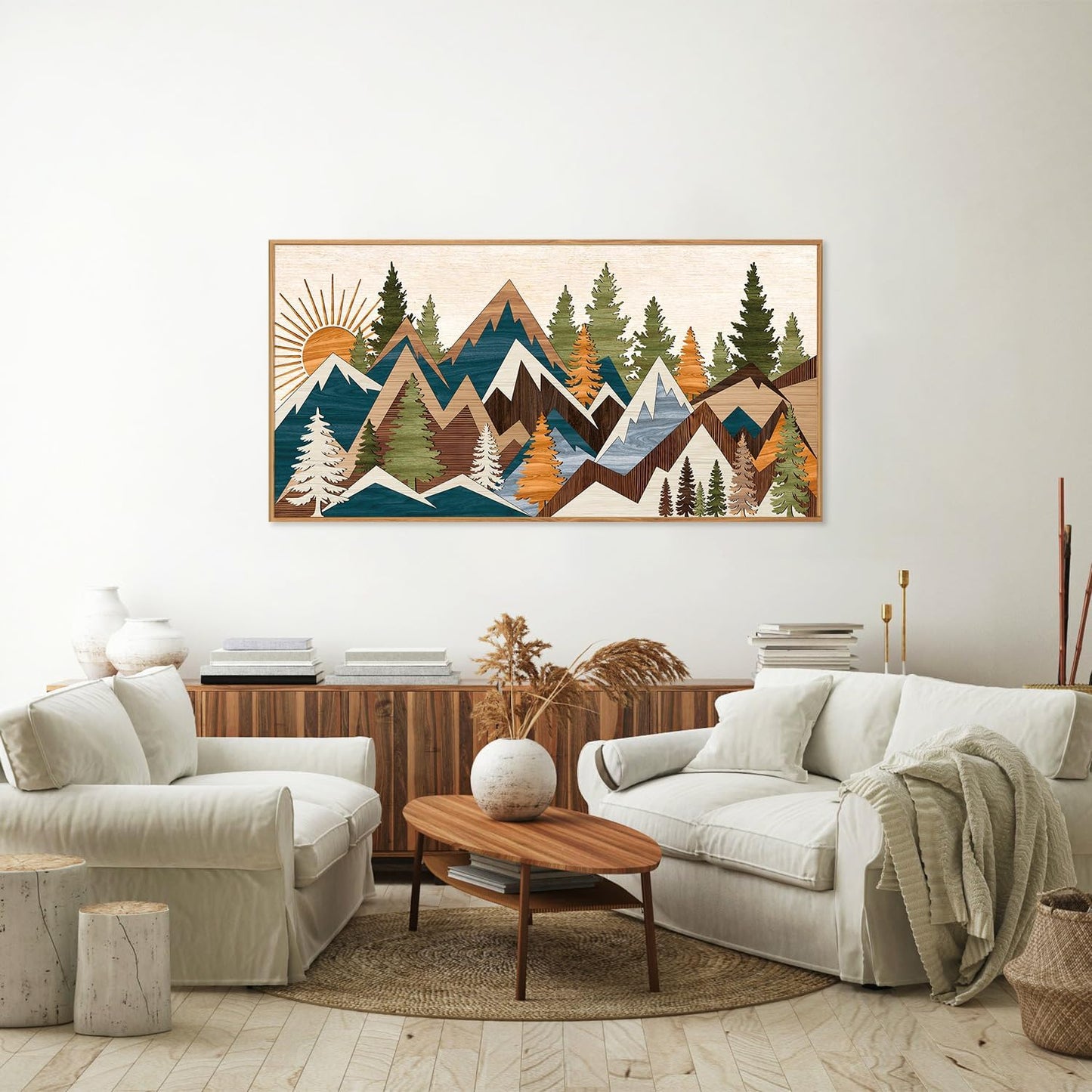 Tinonedraw Large Metal Mountain Framed Canvas Wall Art, Boho Rustic Sunrise Forest Wall Decor, 3 Piece Vintage Nature Artwork, Modern Wilderness Art Print for Living Room Bedroom Office 20"x40"