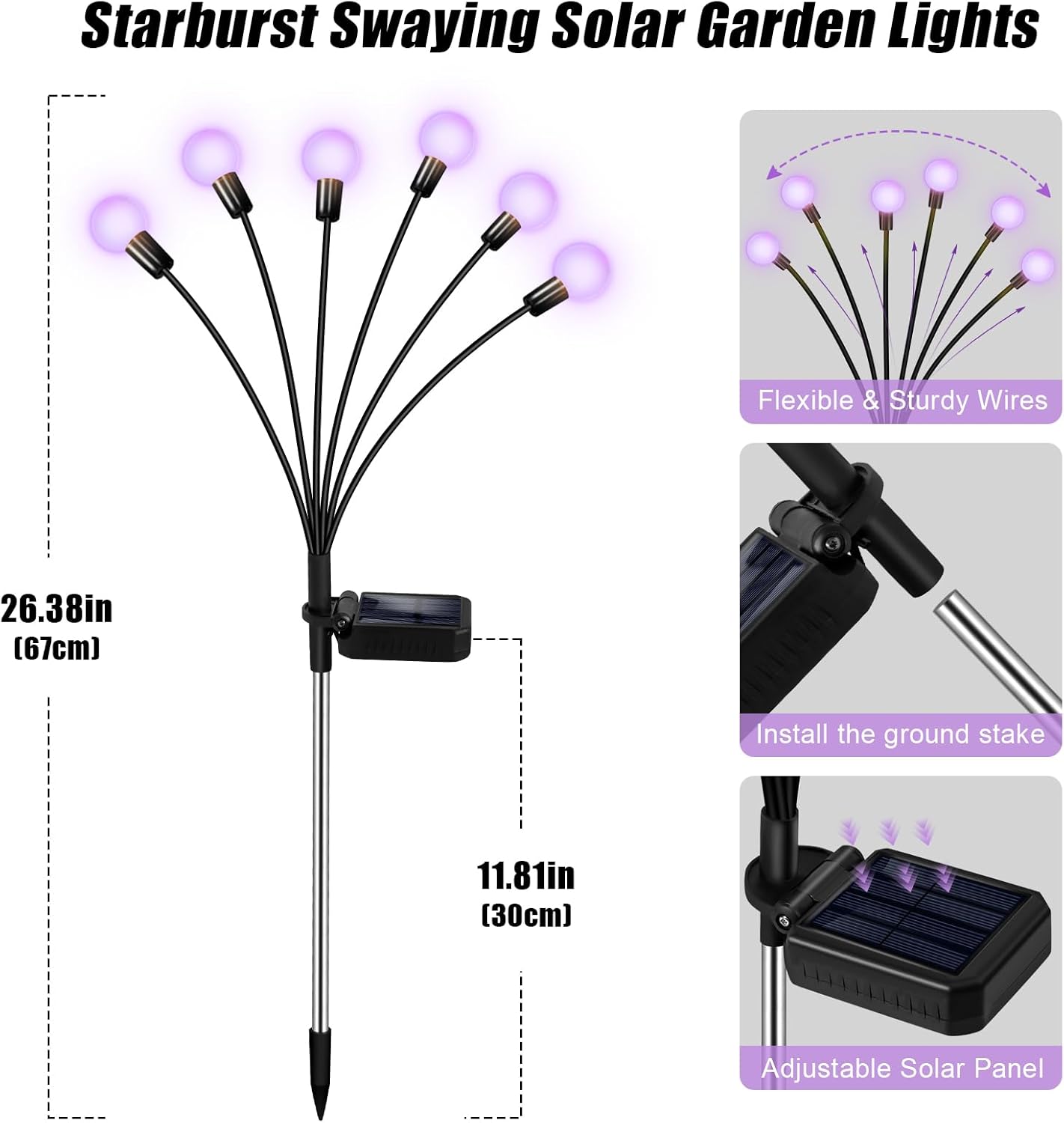 Solar Garden Lights Outdoor, 4 Pack Firefly Swaying Lights Purple, Waterproof 4 Pack 24 Heads Garden Decor for Yard Patio Pathway Lawn, Gardening Gifts for Women Christmas Decoration