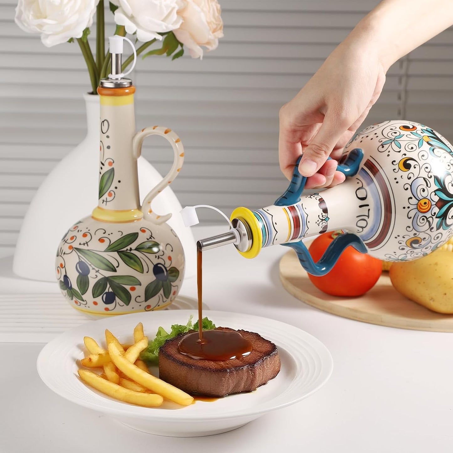 Ceramic Olive Oil Dispenser Bottle 23oz with Handles, Hand Painted Multi-Use Oil Cruet & Flower Vase, Decorative Stoneware Kitchen Cruet with Stainless Steel Spout for Oils, Sauces, Vinegar (B)