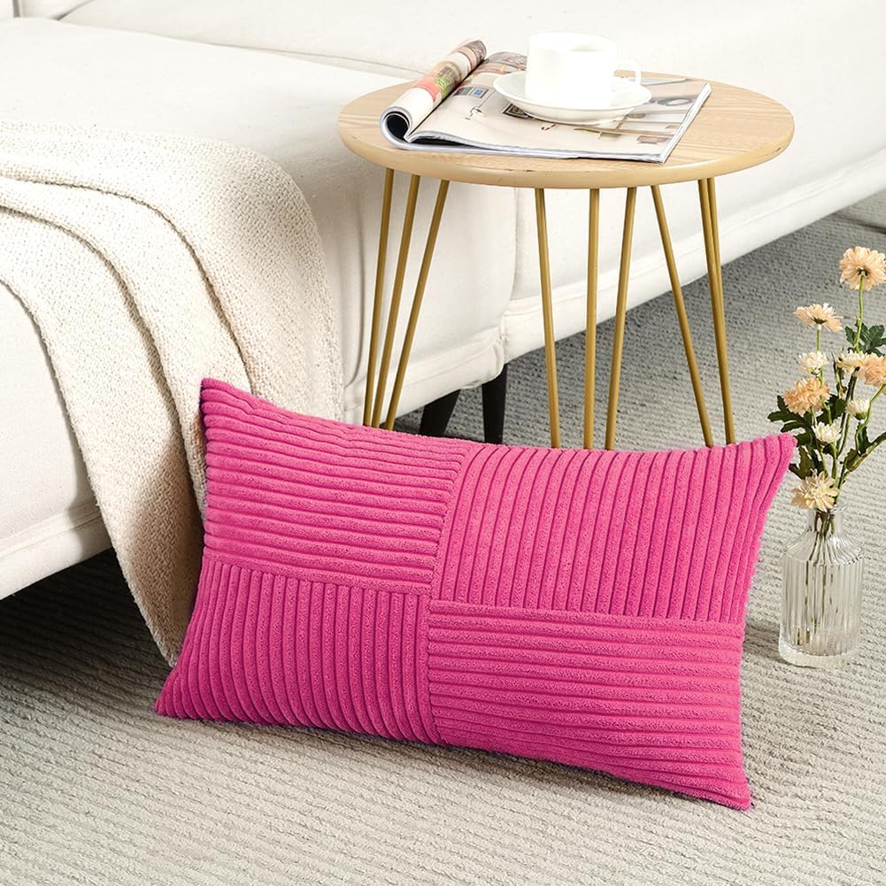 Fancy Homi 2 Packs Hot Pink Lumbar Decorative Throw Pillow Covers 12x20 Inch for Living Room Couch Bed Sofa, Rustic Farmhouse Boho Home Decor, Soft Striped Corduroy Rectangle Accent Cushion Case