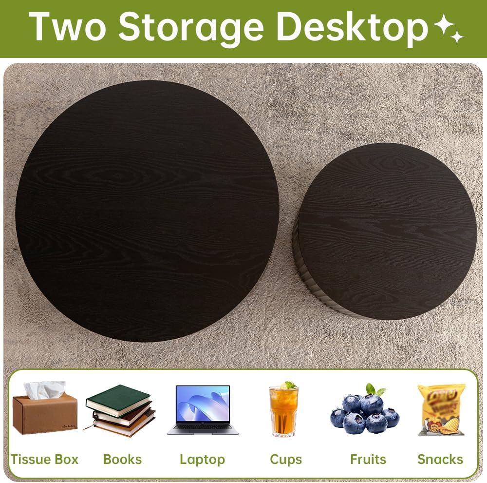 Round Nesting Coffee Table Set of 2 Small Round Coffee Tables for Living Room Modern Fluted Coffee Table Circular End Table Side Table for Small Spaces No Assembly (Black A, 18 in)