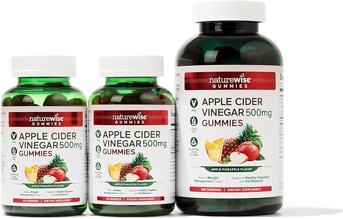 NatureWise Apple Cider Vinegar Gummies - 500mg ACV Gummies with Vitamin B12 - Apple-Pineapple Flavor - Support for Energy & Gut Health - Vegan, Gluten-Free, Non-GMO - 60 Gummies[2-Month Supply]