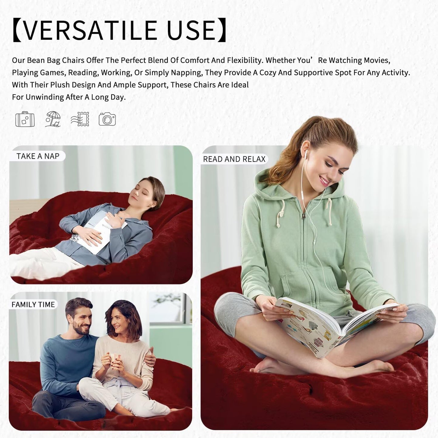 Bean Bag Chair for Adults 3FT,Soft Removable Cover for Teens/Girls Bedroom,Fluffy Giant Round Floor Beanbag Lounger Chairs (No Filler,Claret)