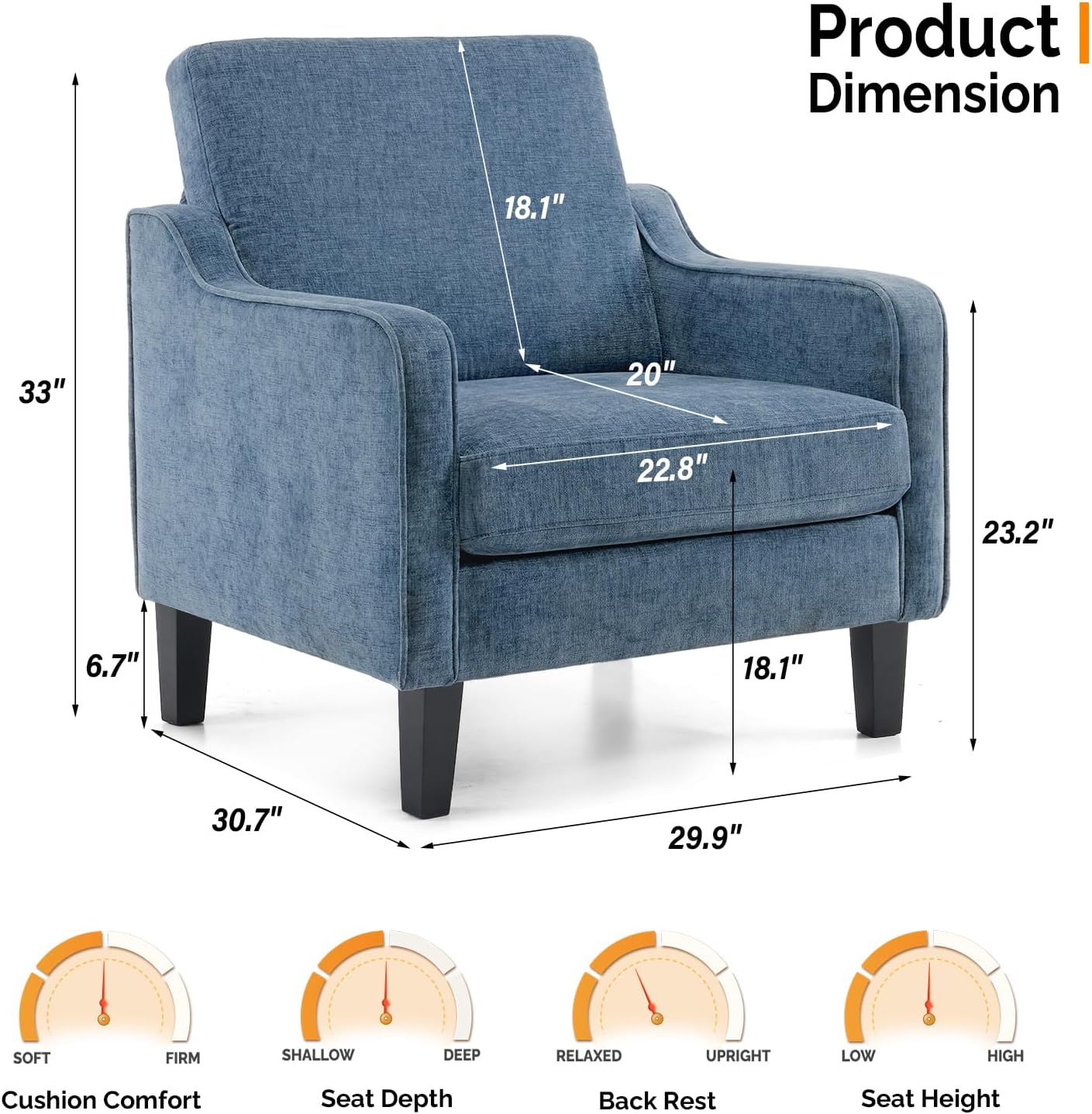 VINGLI Mid Century Modern Accent Chair,Navy Blue Chenille Chairs for Living Room Upholstered Armchair with Scooped Arms for Bedroom,Apartment,Studio,Office,Waiting Room