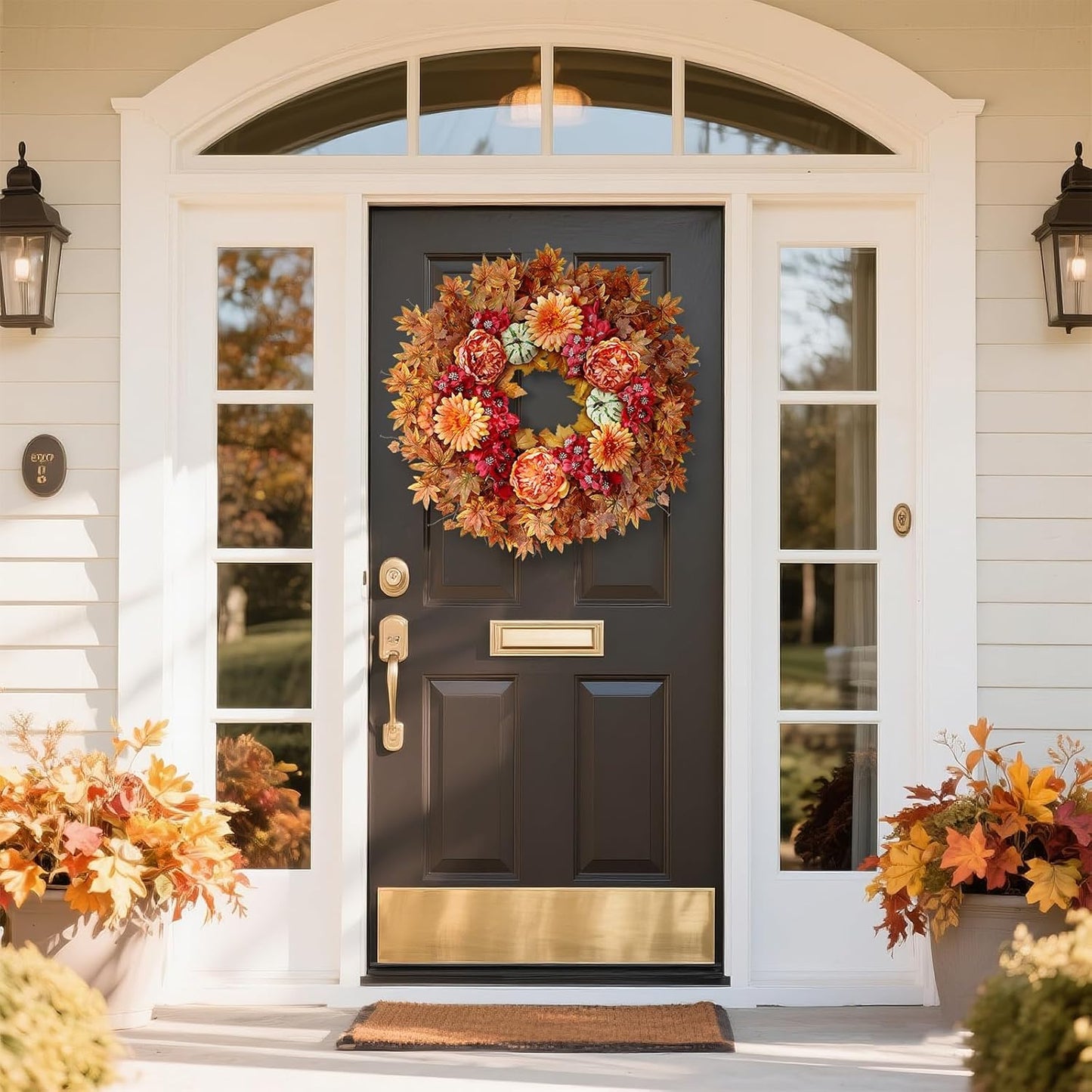 26" Fall Wreath for Front Door - Large Artificial Maple Leaves Fake Silk Peony Faux Pumpkin Outdoor Wreath for Porch, Window,Farmhouse,Home,Thanksgiving Day Harvest Festival Autumn Decor