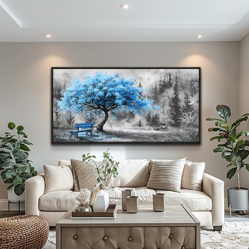 ZUITINGHUA Black Framed Canvas Wall Art For Living Room Large Wall Decor For Office Bedroom Decorations Blue Tree Landscape Pictures Black And White Paintings Artwork Aesthetic Home Decor 30x60 In