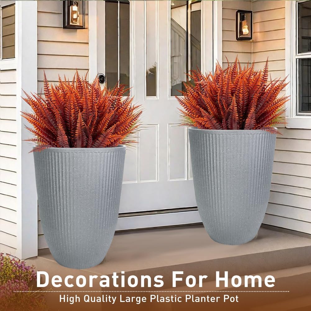 2 Pcs Pack 15 Inches Heavy Duty Plastic Resin Tall Tapered Planter Pots Large Round Planter Flower Pot with Drainage Holes for Indoor Outdoor Deck Porch Garden Home Patio Front Door (Light grey, S)