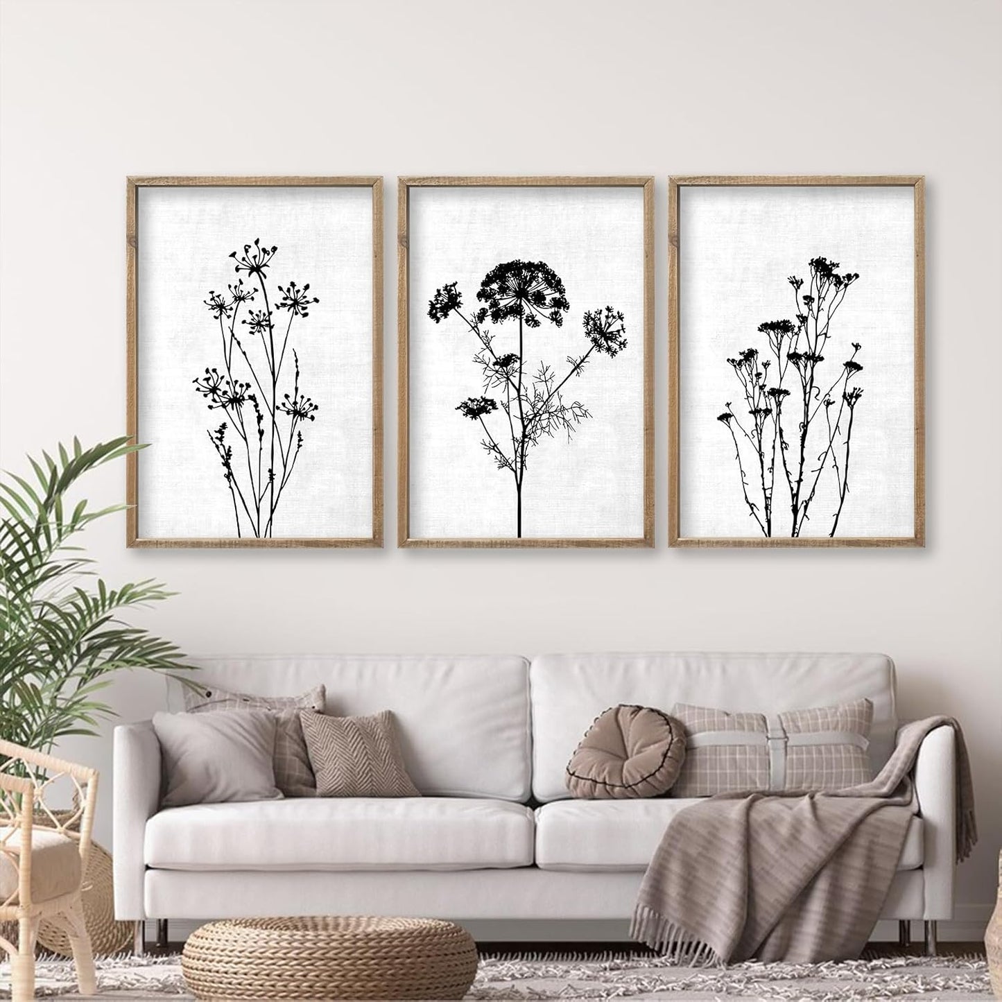 Flower Plant Wall Art Decor 16"x11" Set of 3 Black And White Botanical Painting Wood Framed For Minimalist Bedroom Office Rustic Living Room Abstract Wildflower Sign Hanging (Wood White)