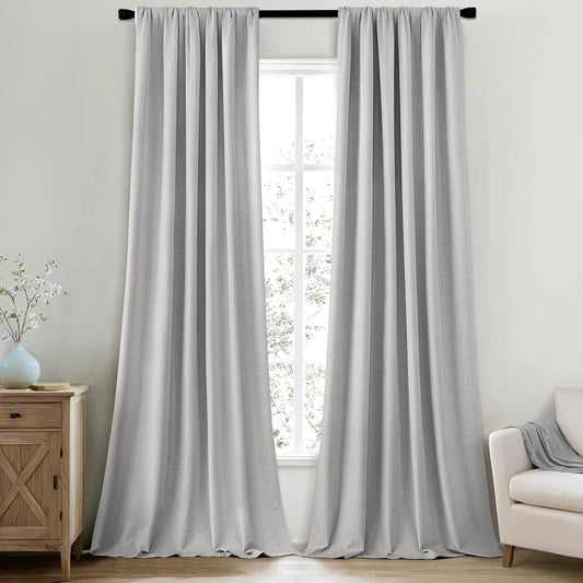 MIULEE 100% Blackout Curtains 96 Inch Long 2 Panels Set for Bedroom, Thick Luxury Faux Linen Black Out Curtain Room Darkening Back Tab Pleat Window Textured Drapes with Hooks for Living Room, Grey