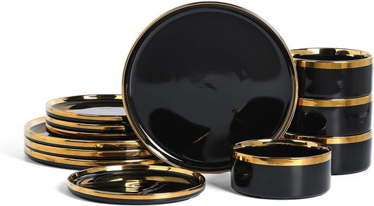 Christian Siriano Solene Stoneware Dinnerware, 12-Piece Plates and Bowls Set, Dish Set for 4, Black with Gold Rim, Glossy Finish, Hand Wash Only