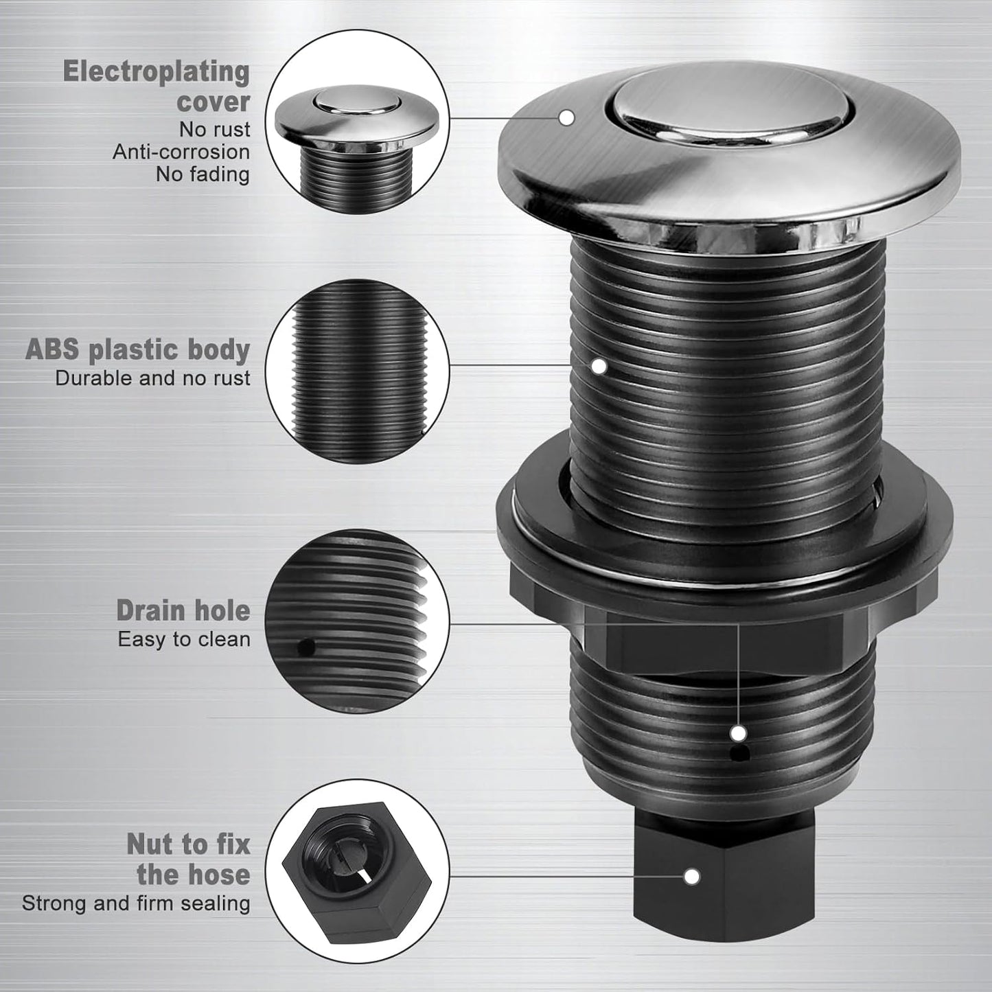 Garbage Disposal Air Switch Kit, Garbage Disposal Button, Sink Top Waste Disposer On/Off Switch, UL Listed Air Switch Compatible with All Garbage Disposals (Brushed Stainless Steel）