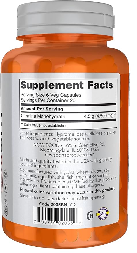 NOW Foods Sports Nutrition, Creatine Monohydrate 750 mg, Mass Building*/Energy Production*, 120 Veg Capsules