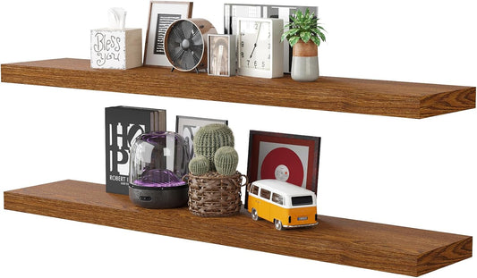 BAMEOS Floating Shelves, American Oak Wall Mounted Wooden Shelves with Invisible Brackets Set of 2, Hanging Wall Shelves Decoration for Bedroom, Bathroom, Living Room and Kitchen