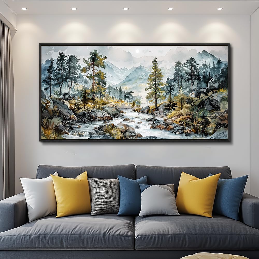 PHAOHUAXM Large Canvas Printing Artworks Wall Art For Bedroom Wall Decor For Living Room Office Home Decor Rivulet View Painting Forest Tree Landscape Watercolour Pictures Black Framed 30x60 In