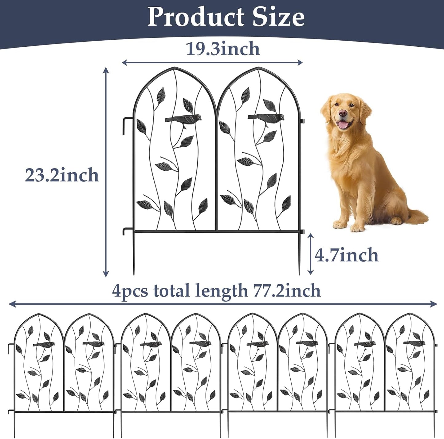 Decorative Garden Fence 4 Pack - 24in(H) x 10Ft(L), Metal Garden Fencing Panel, Landscape Pathway Edge Iron Picket Fence Panels (Balck)