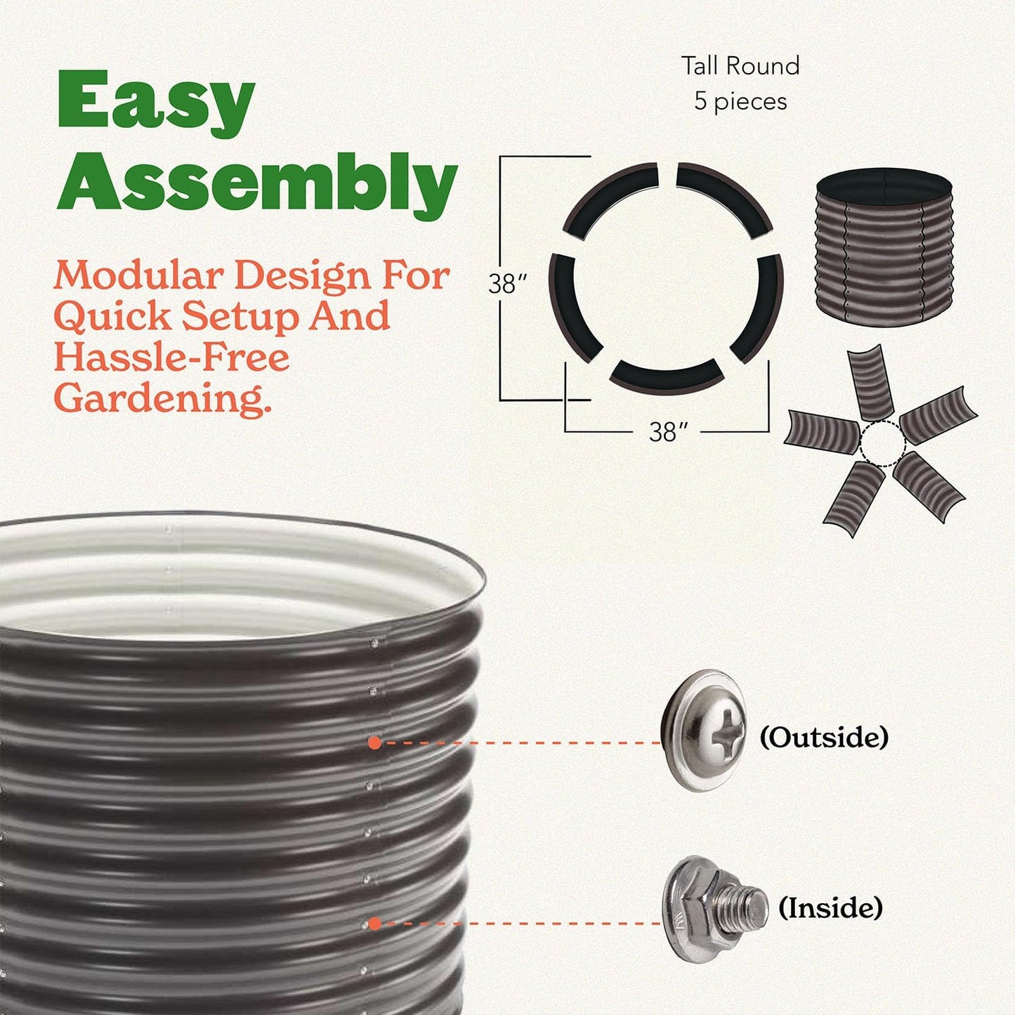 Epic Gardening 5-in-1 Modular Galvanized Raised Garden Bed Kit, 15" Tall Metal Planter Box, Durable Aluzinc Steel Raised Garden Bed Outdoor for Vegetables, Herbs, Flowers & Fruits - Round - Slate Grey