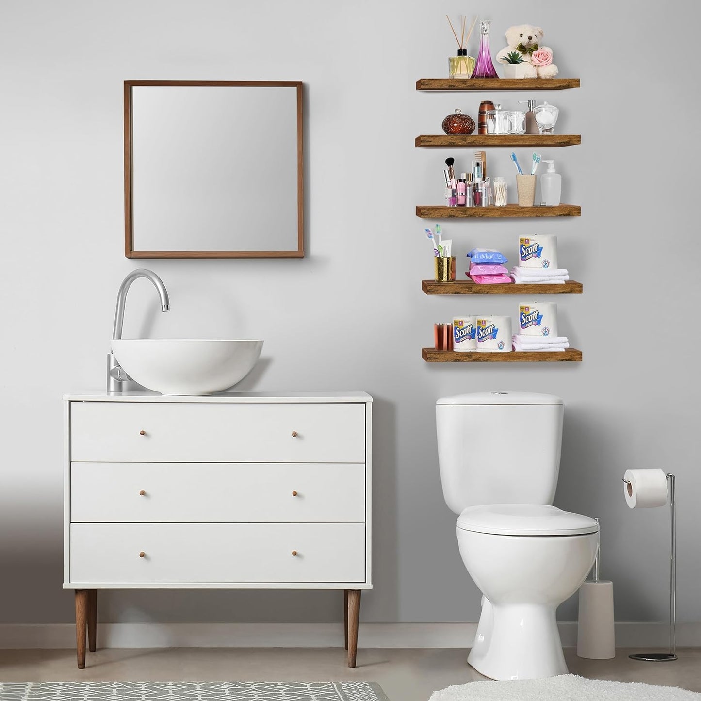 Sorbus Floating Shelves for Wall, Bathroom Shelves Wall Mounted for Kitchen, Bedroom, Living Room, Bathroom Storage, Over Toilet, Hanging Book Shelf for Ｗall Home Decor (Rustic Brown, 5 Pack)