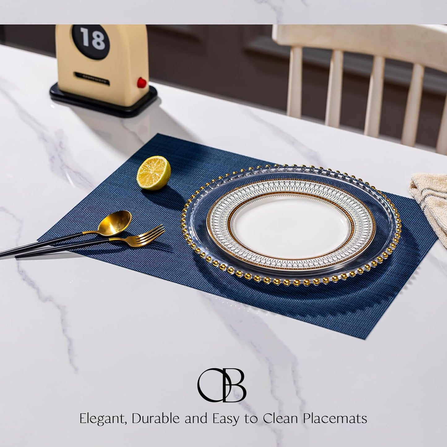 Placemats Set of 8 - Easy Clean Woven Vinyl Placemats for Dining Table, Indoor/Outdoor Place Mats, Washable PVC Table Mats（Navy Blue）