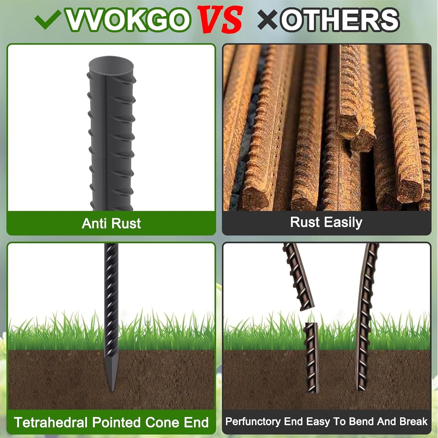 VVOKGO Rebar Stakes 24 Inch Ground Straight Concrete Form Stakes Heavy Duty (24pcs), 3/8" Diameter Metal Steel Spikes Anchors with Chisel Point End for Plant Support, Garden Border,Landscape Edging