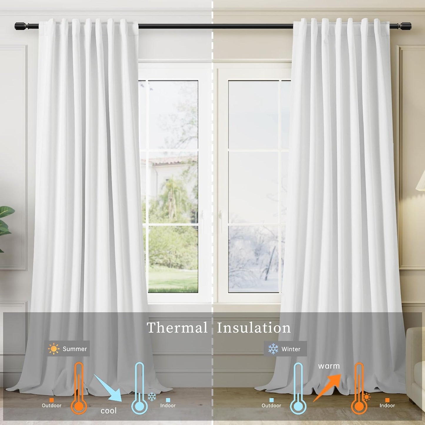BOODII White Blackout Curtains 63 Inch Length for Bedroom Window Room Darkening Full Light Blocking Curtains Back Tab Neutral Elegant Black Out Curtain Thermal Insulated Linen Drapes Pure White 52x63