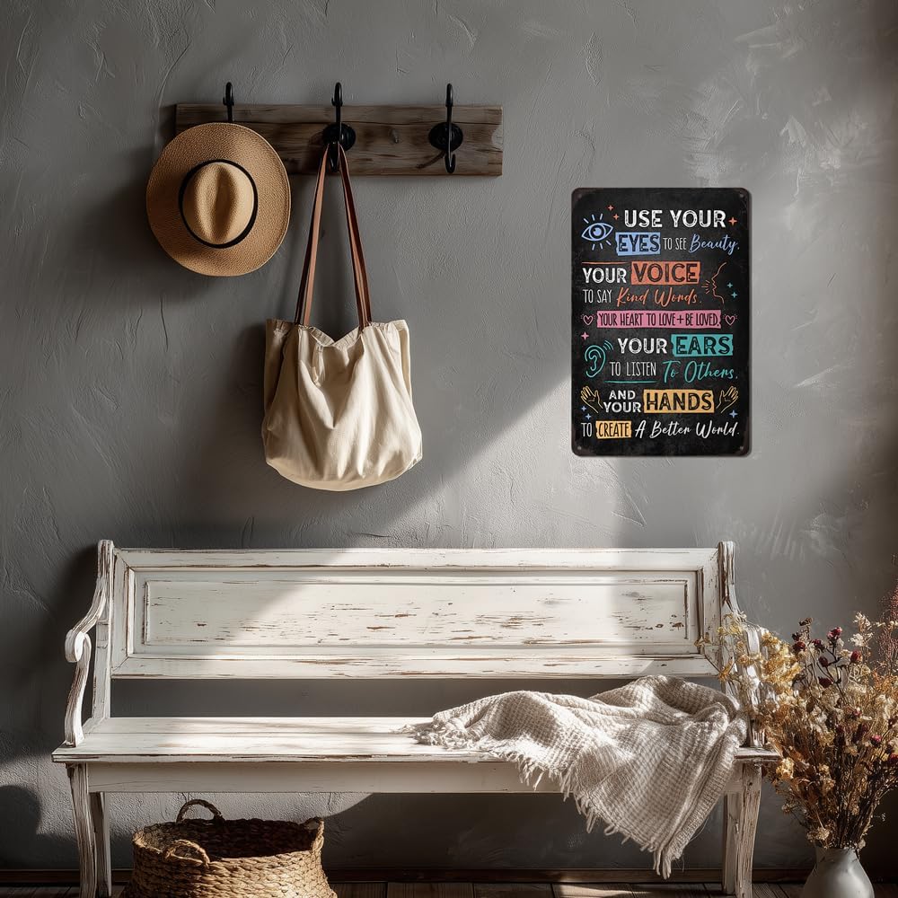 Heuhuww Vintage Positive Energy Wall Decor-Use Your Eyes To See Beauty Your Voice To Say Kind Words Metal Sign for Home Classroom Cafes Bedroom Positive Energy Gifts 8"x12"(H26)