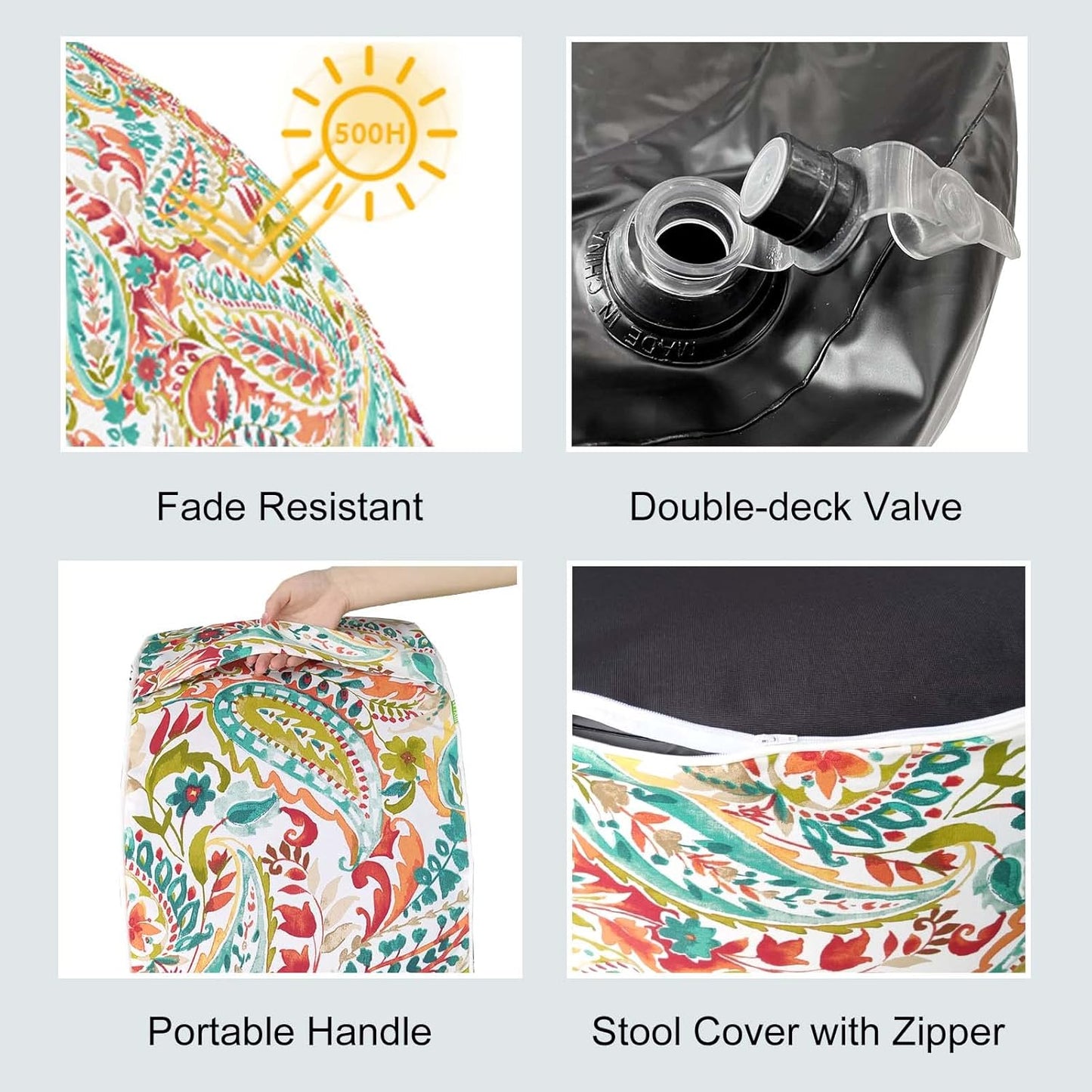 LVTXIII Inflatable Stool Ottoman Footrest with Handle, Decorative Fade-Resistant Foot Stool, Indoor or Outdoor Pouf for Home Patio Garden and Camping Use, D21 x W 21 x H9, Warm Paisley