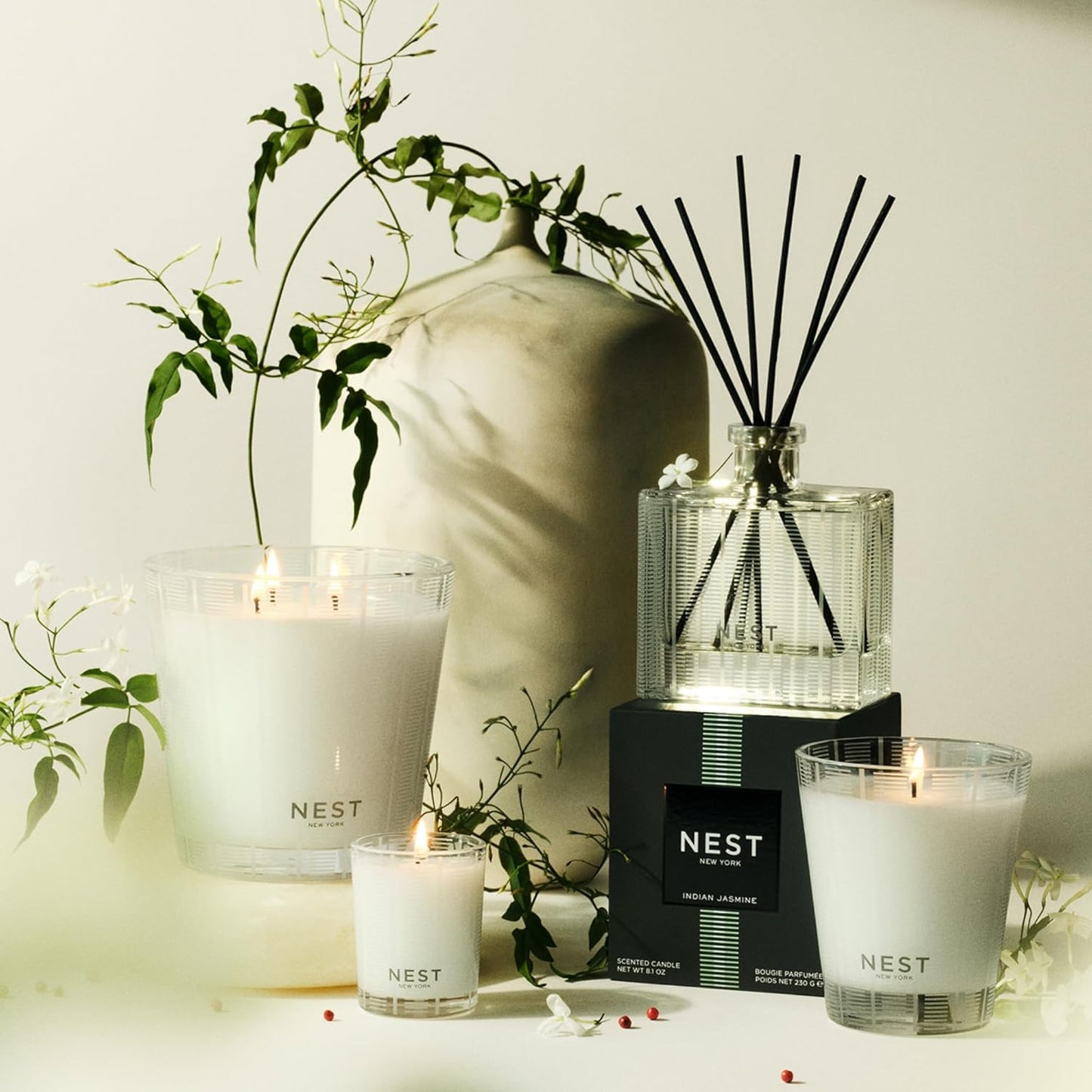 NEST New York Scented Classic Candle, Indian Jasmine - 8.1 oz - Up to 60-Hour Burn Time - Reusable Glass Vessel