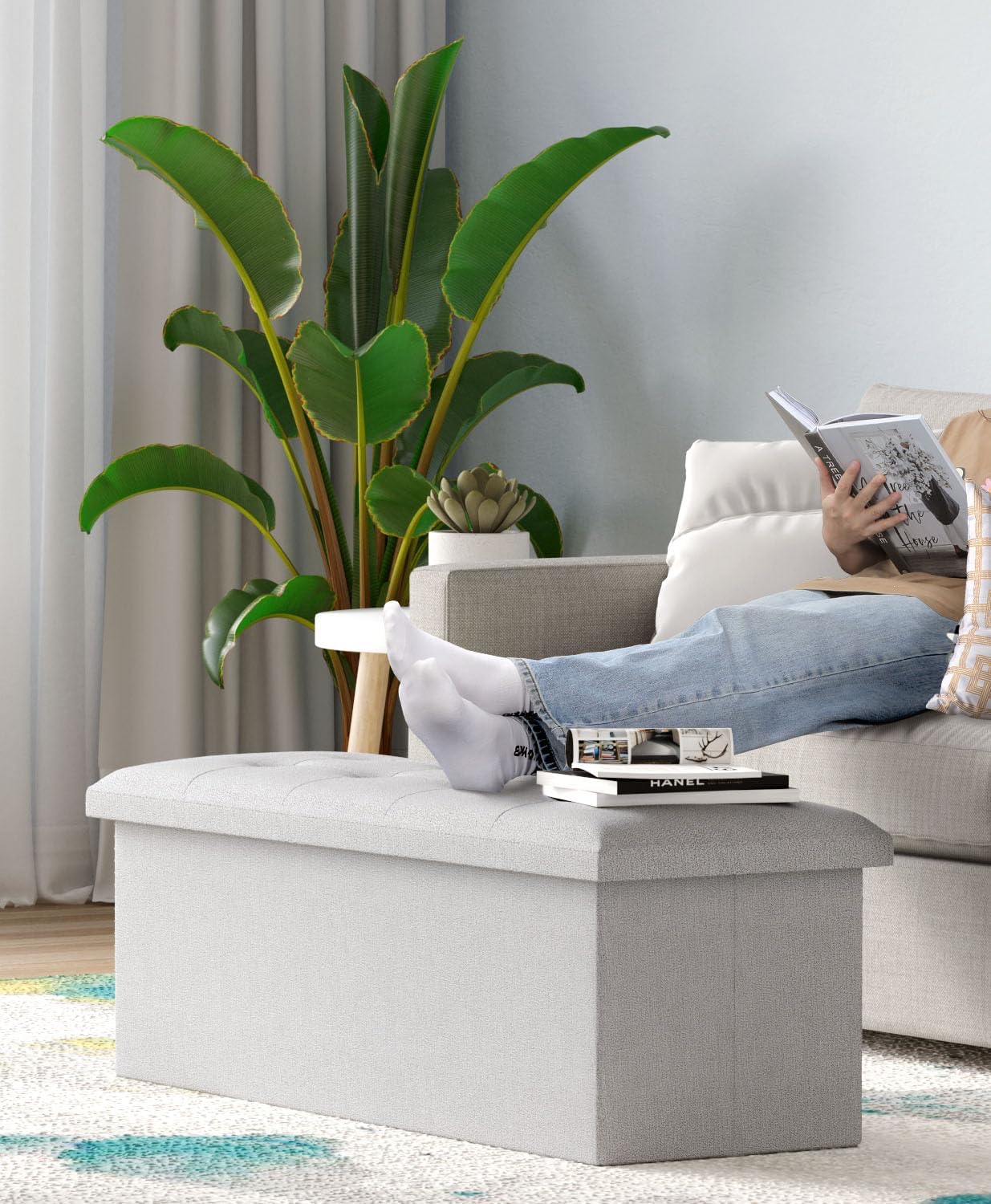 Storage Ottoman Bench, Folding Ottoman Foot Rest, End of Bed Bench,Storage Chest, for Living Room, Bedroom, Hallway, Entryway, Holds up to 700 lb (Light GREY1, 43")