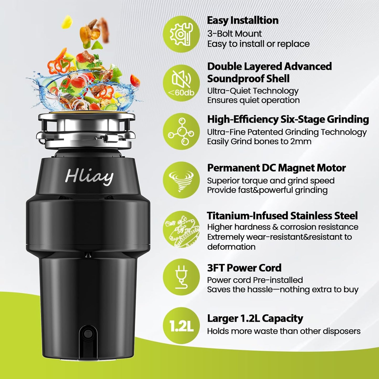 DC Garbage Disposal 3/4 HP Quiet (60dB) with Cord & Dishwasher Hookup for Kitchen Sink Food Waste, 6-Stage Grinding, 3-Bolt, 2700RPM, Continuous Feed, Titanium Stainless Steel, 10-Year Warranty