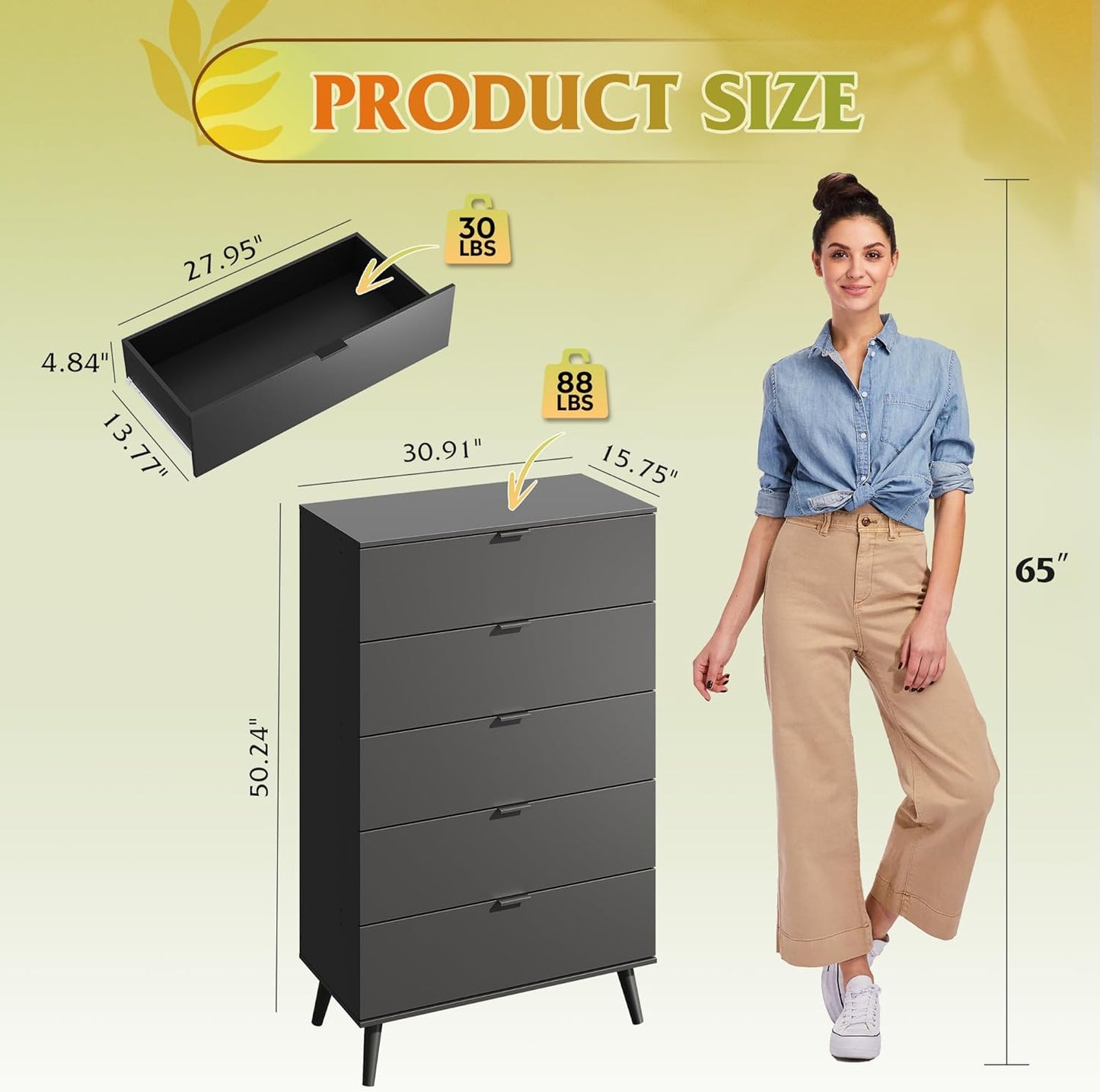 WLIVE 5 Drawer Dresser for Bedroom, Tall Wood Dresser, Black Dressers Storage Organizer with Sturdy Metal Handle, Chest of Drawers for Living Room, Hallway, Closet