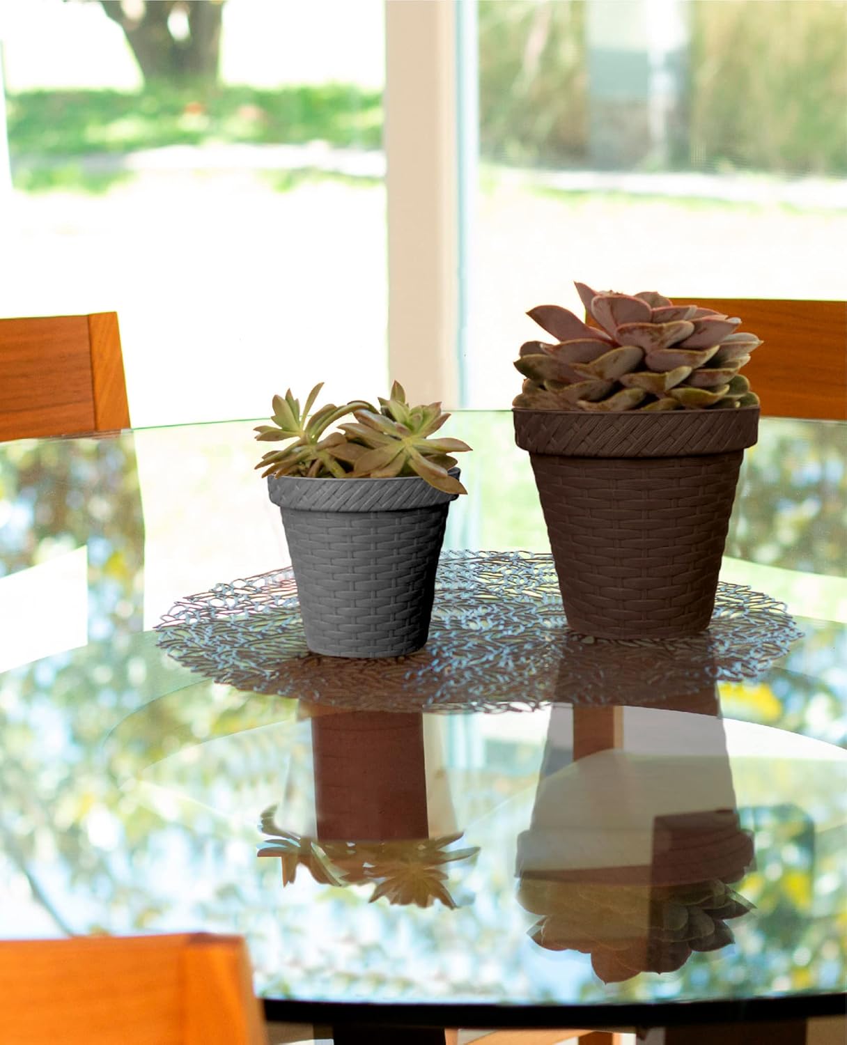 Elly Décor Set of 2 10 inch Round Saucer Modern Self Watering Planter Plates, Pots with Rattan-Like Finish, 10x10 chococlate Brown