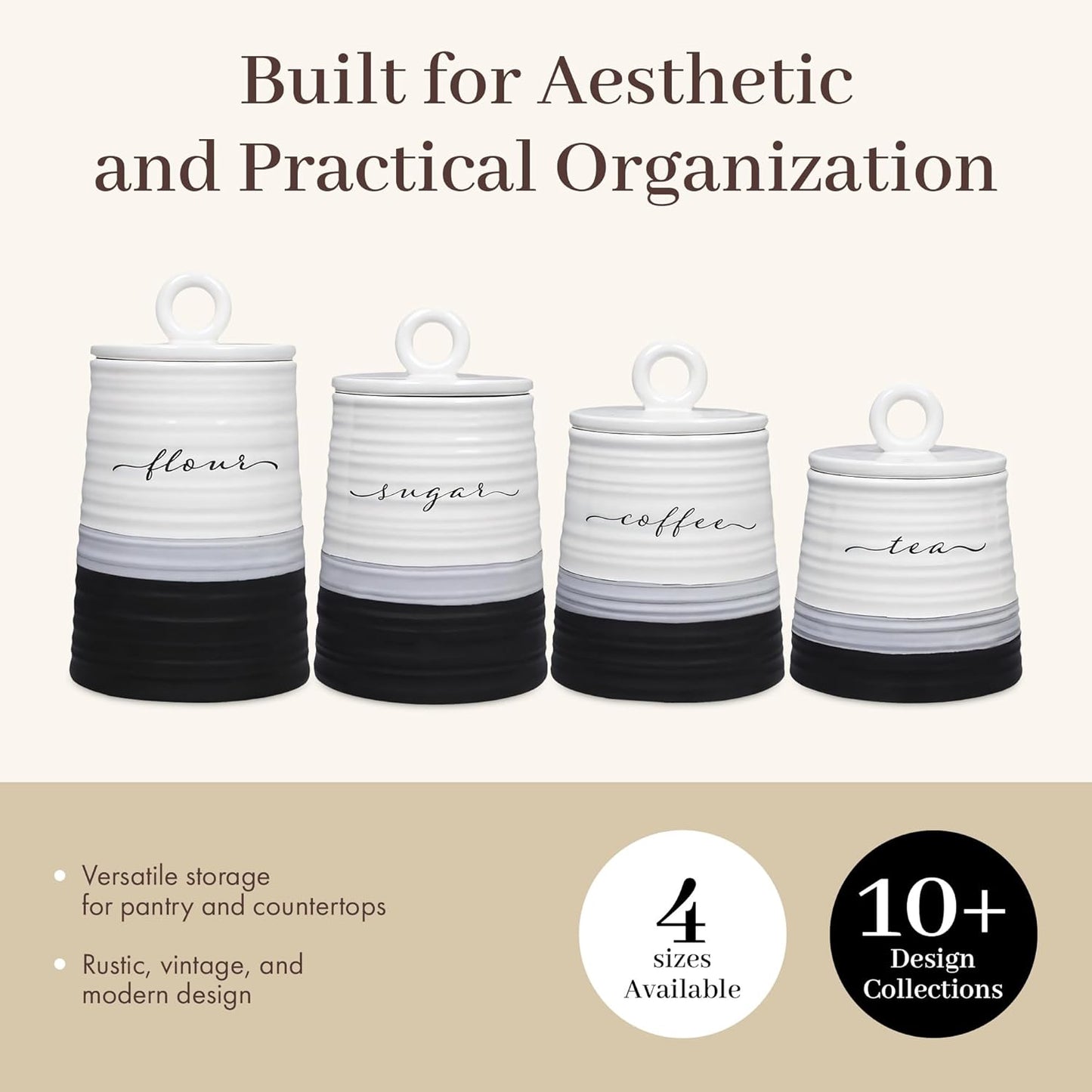 Young's Inc. 4 Pcs Set Rustic Modern Ceramic Canisters- Storage Container for Kitchen and Bathroom - Beautiful Home Decor Accent to Store Food, Coffee, Tea, and More - Black, White