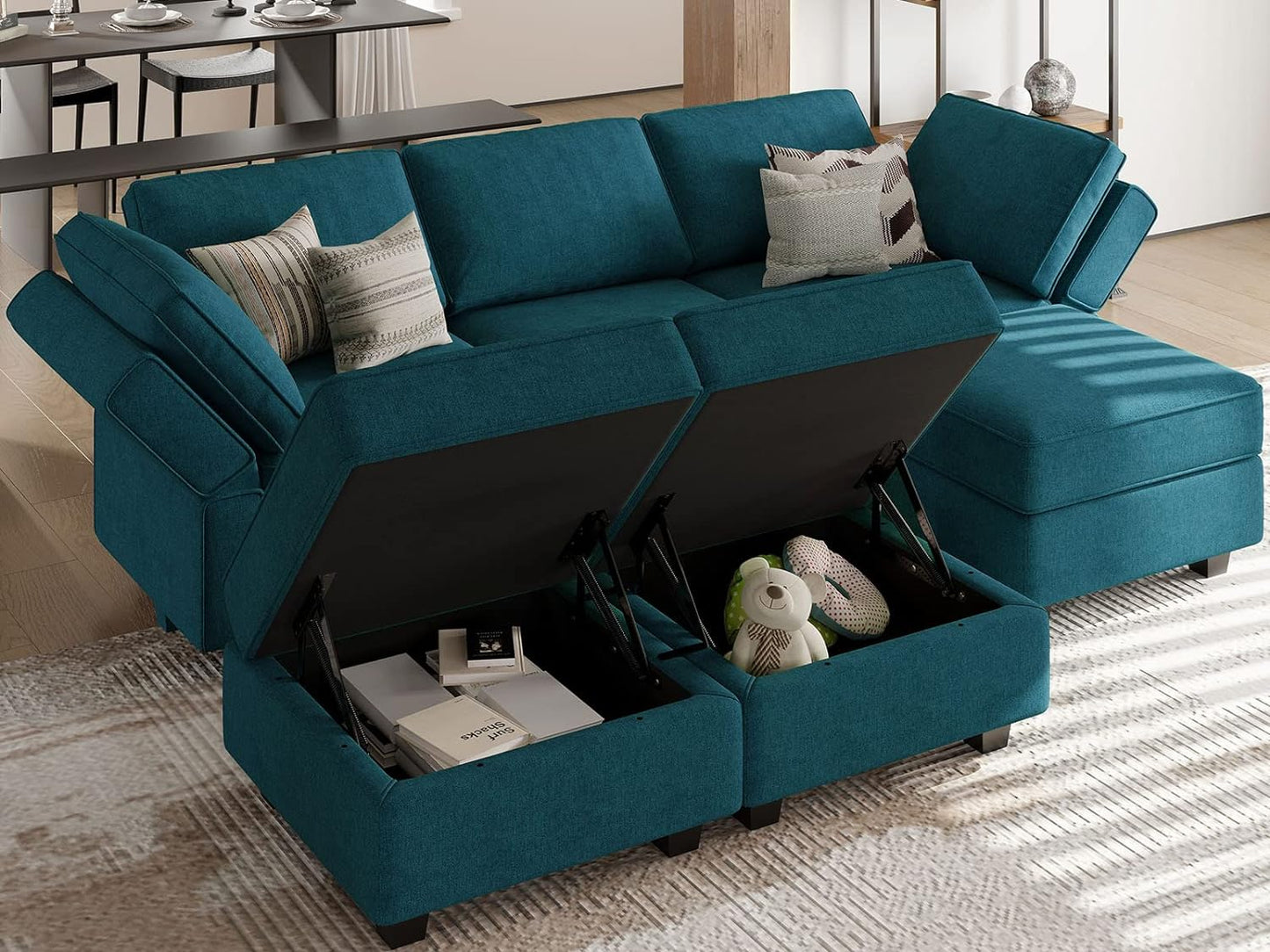 Belffin Terry Fabric Modular Sectional Sleeper Sofa Bed with Storage Convertible Sectional Couches for Living Room 6 Seaters Peacock Blue Modular Sofa