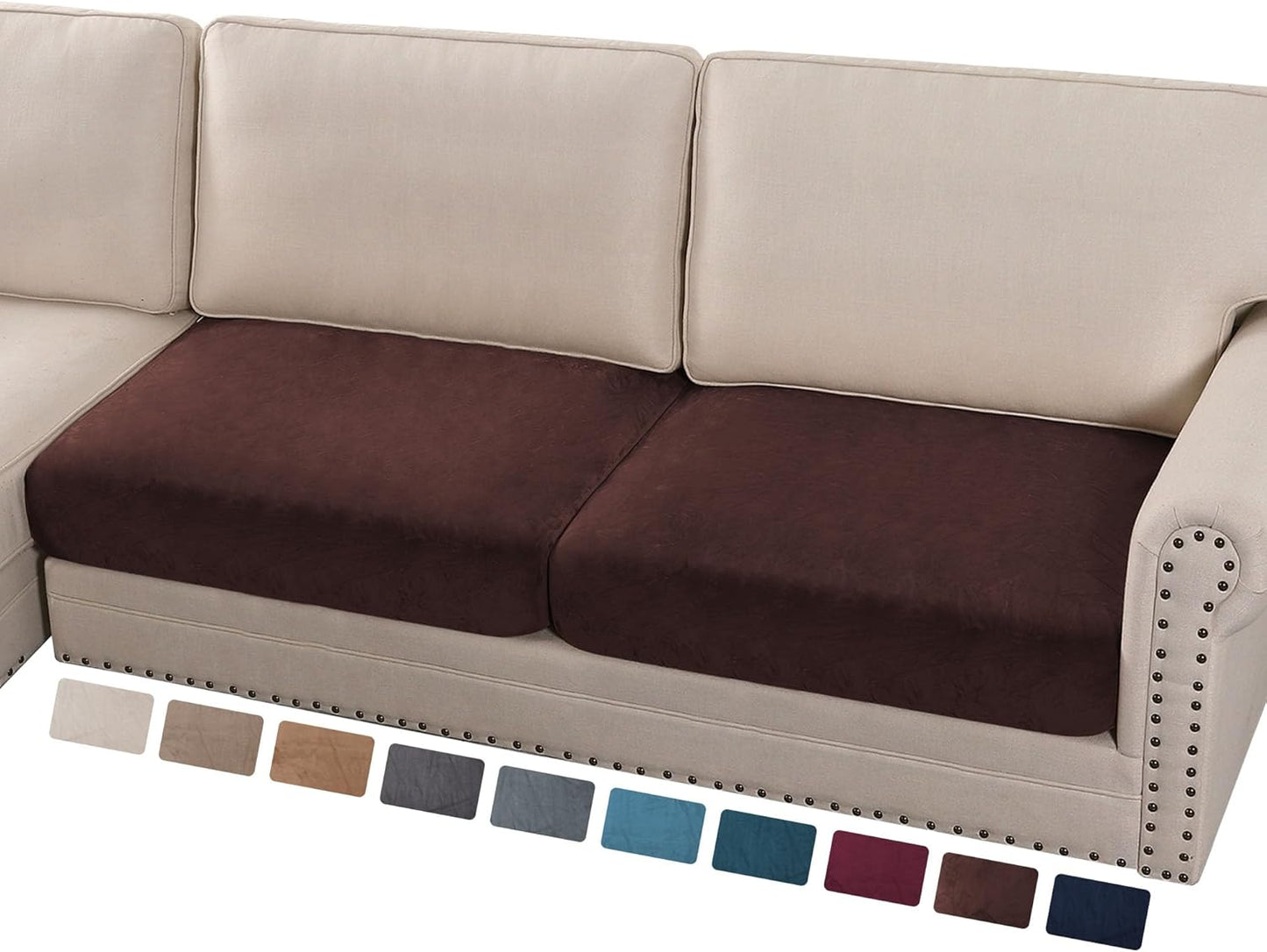 PrinceDeco Velvet Couch Cushion Cover Soft Stretch Cushion Slipcover for Chair Loveseat Sofa Cushion Furniture Protector Seat Cushion Sofa Cover (2 Piece Large Sofa Cushion Covers, Brown)