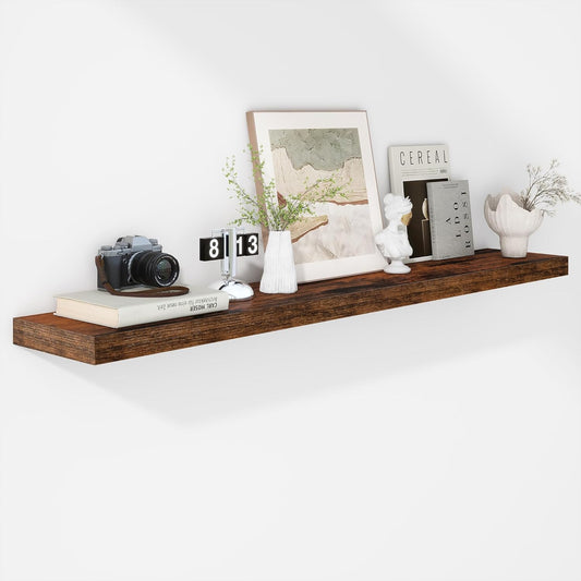 Fun Memories 55 Inch Floating Shelves - 9 Inch Deep Rustic Wooden Wall Shelves - Extra Deeper & Thicker Wall Mounted Storage Shelf for Living Room, Kitchen, Farmhouse - 55" W x 9" D x 1.8" H - Brown