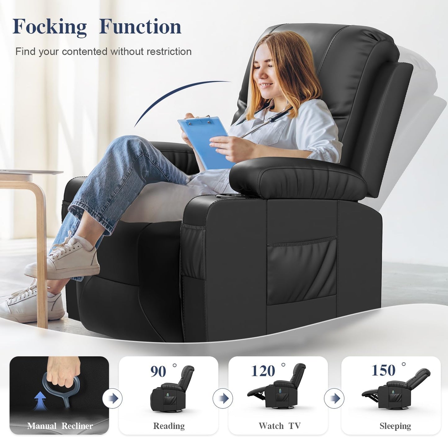 Recliner Chairs for Adults, FSC Certified Massage Rocker with Heated Modern Ergonomic Lounge 360 Degree Swivel Single Sofa Seat Living Room Lounge Recliners Black