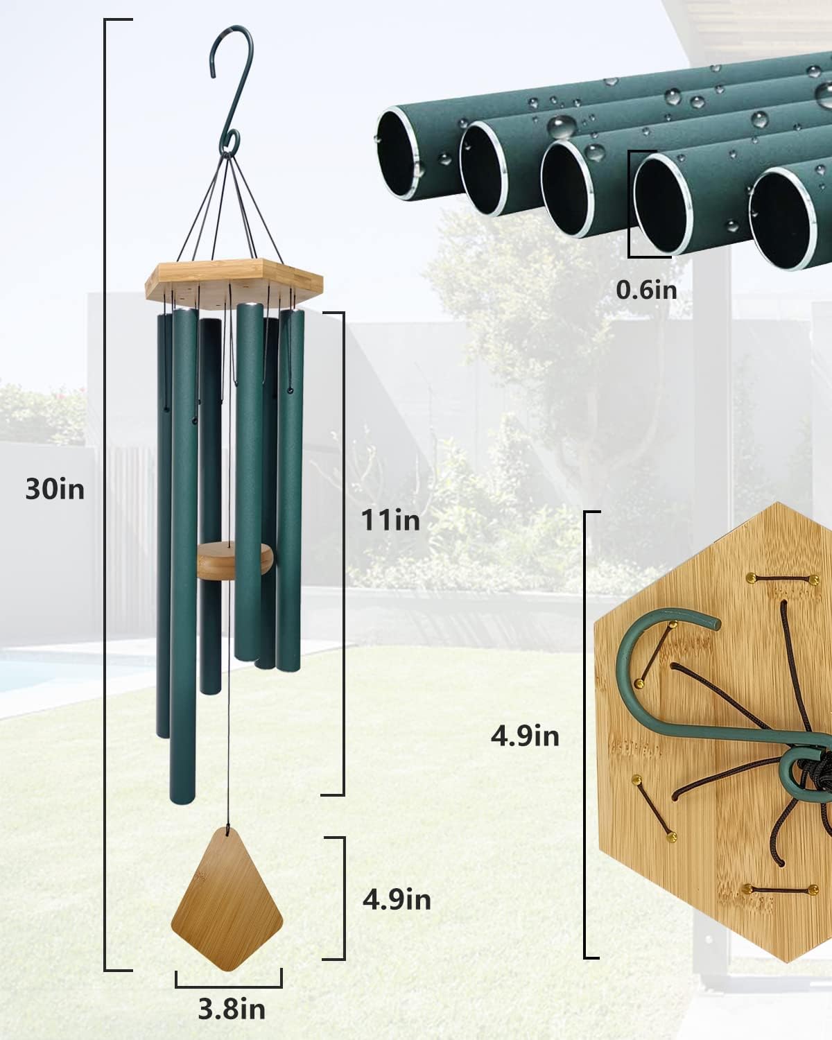 Wind Chimes Outdoor Deep Tone, Wind Chimes for Outside, Memorial Wind Chimes with Hook as Gifts for Mother's Day/Housewarming/Christmas, Patio, Garden, Yard, Home Décor. Green
