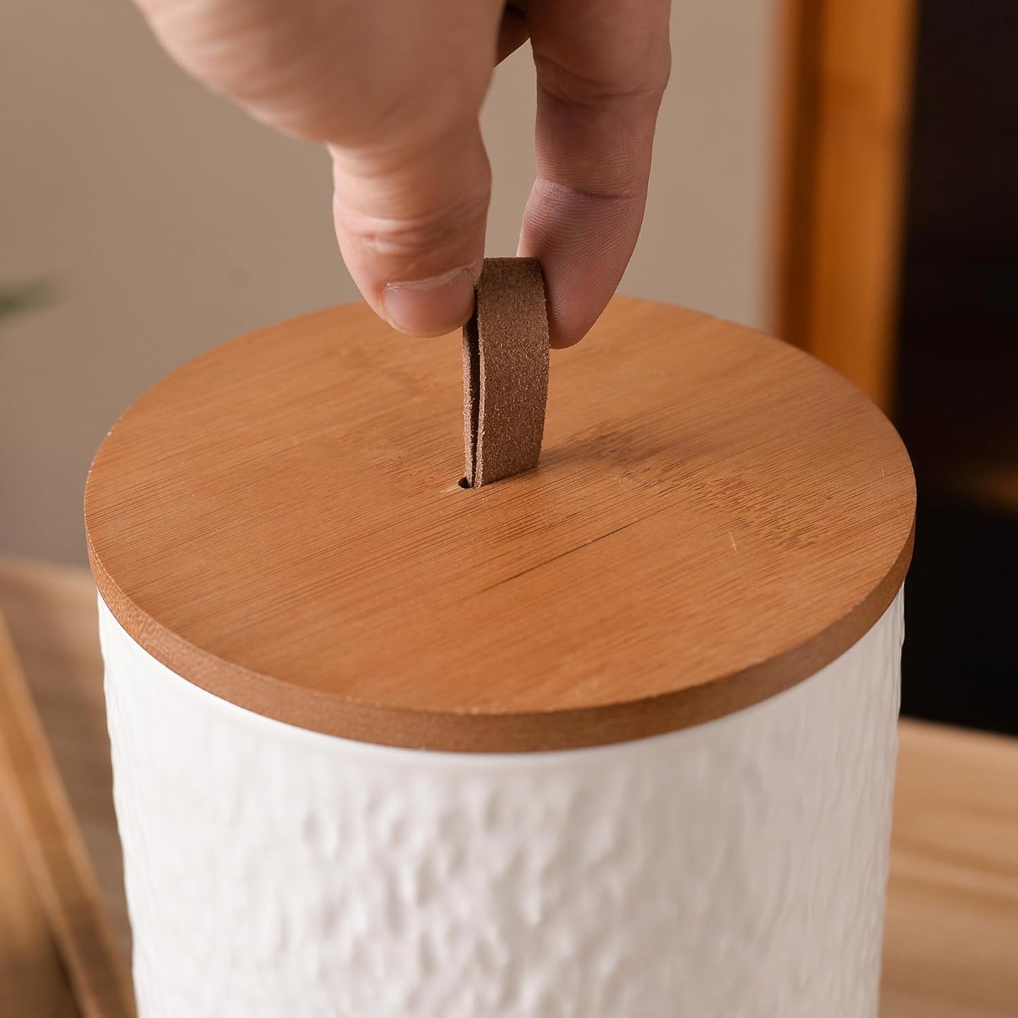 JOJUNO White Ceramic Canister Set with Wooden Lid, 3-Piece Airtight Food Storage Jars for Kitchen Counter - Flour, Sugar, Coffee, Tea, Spice - Small, Medium, Large Sizes - Stone Texture