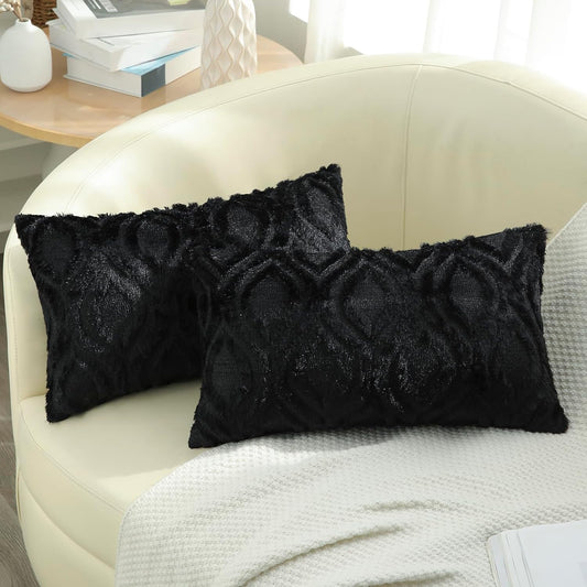 decorUhome Fall Throw Pillow Covers 12x20 Inch Set of 2, Soft Plush Decorative Faux Fur Black Solid Couch Pillow Covers, Accent Farmhouse Neutral Lumbar Euro Pillow Cases for Sofa Bed Living Room